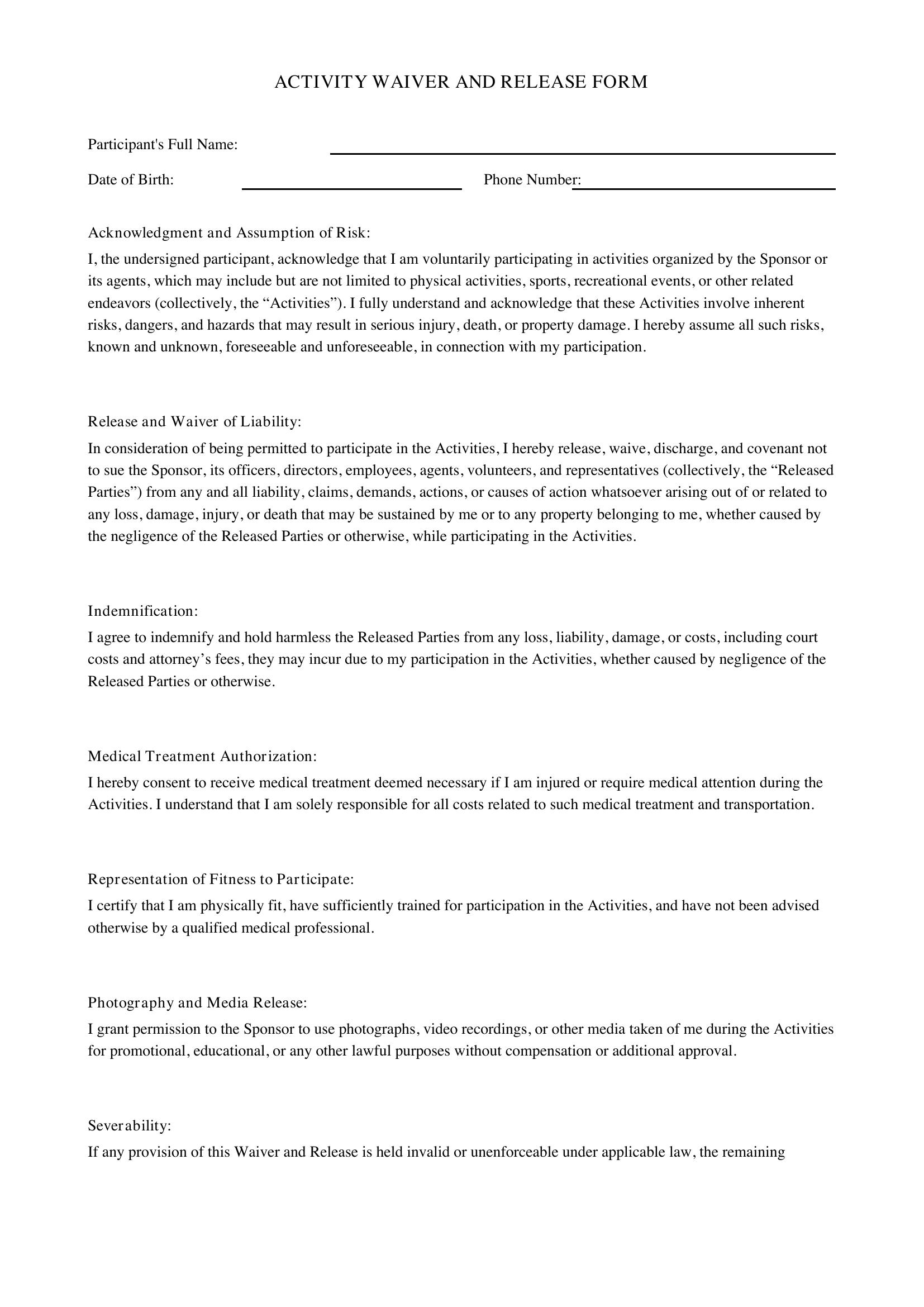 Activity Waiver And Release Form Template