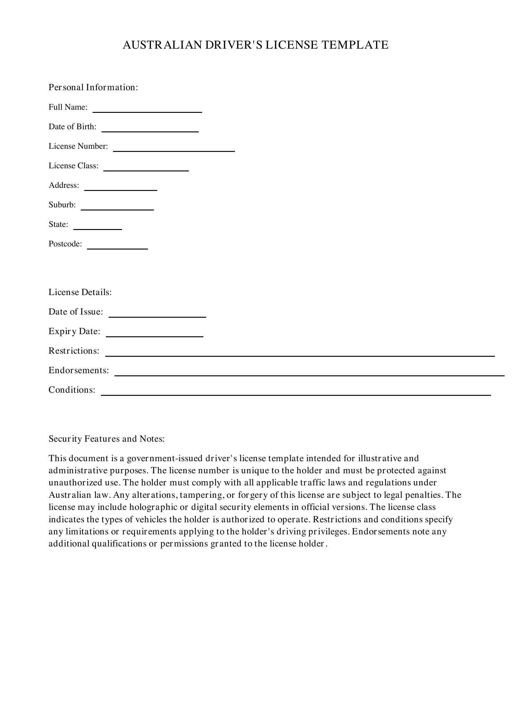 Australian Drivers License Template