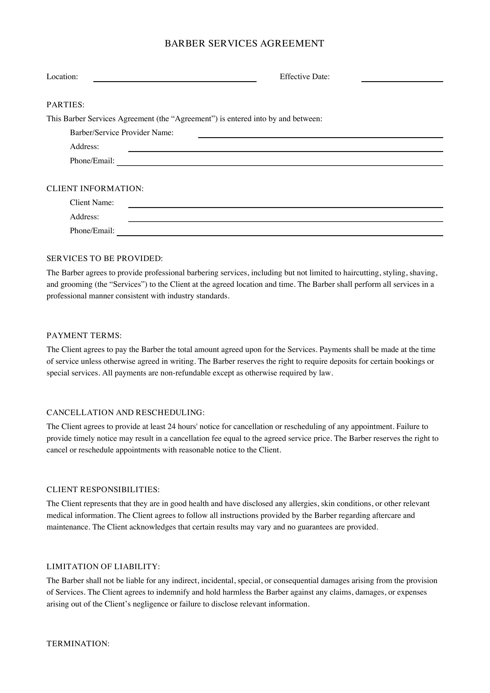 Barber Contract Template