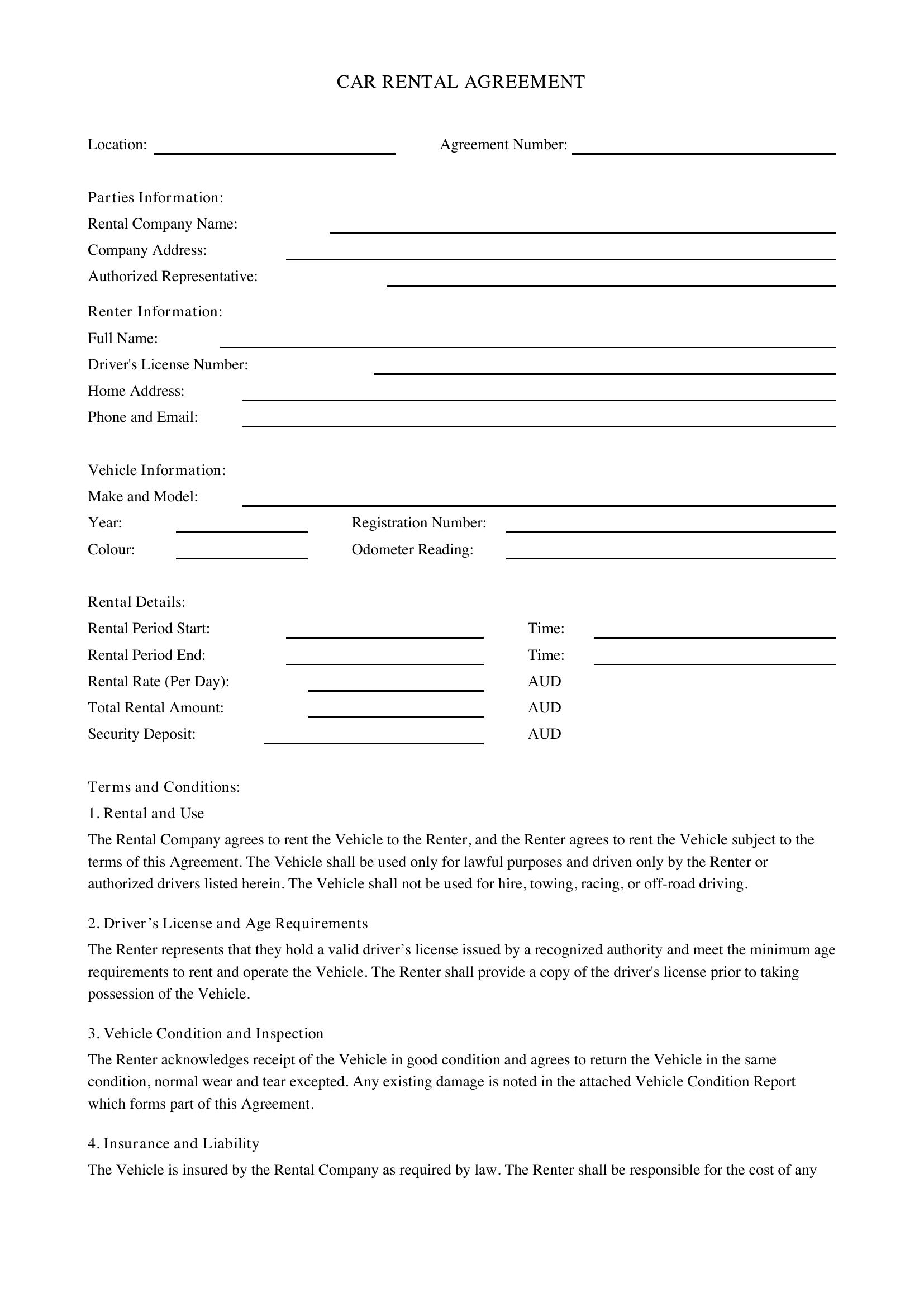 Car Rental Agreement Template Australia