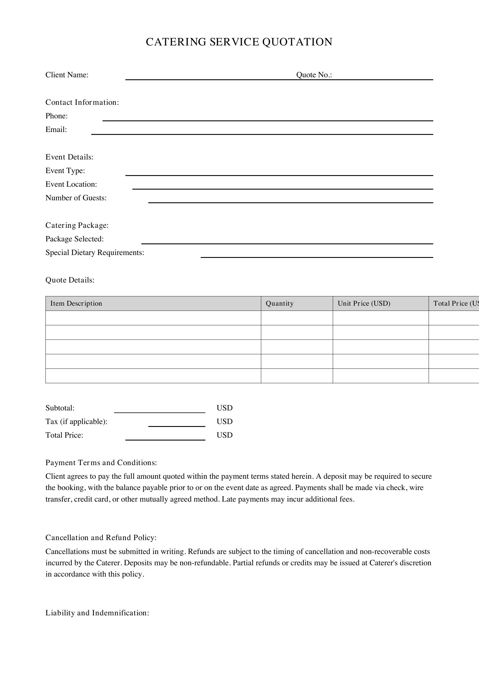 Catering Quote Template