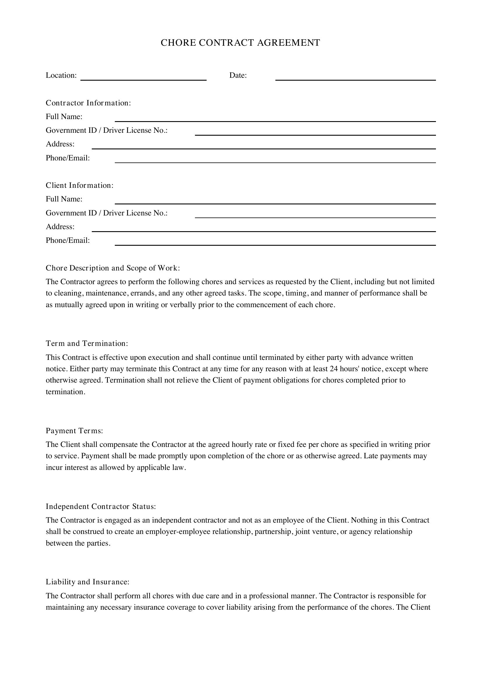 Chore Contract Template