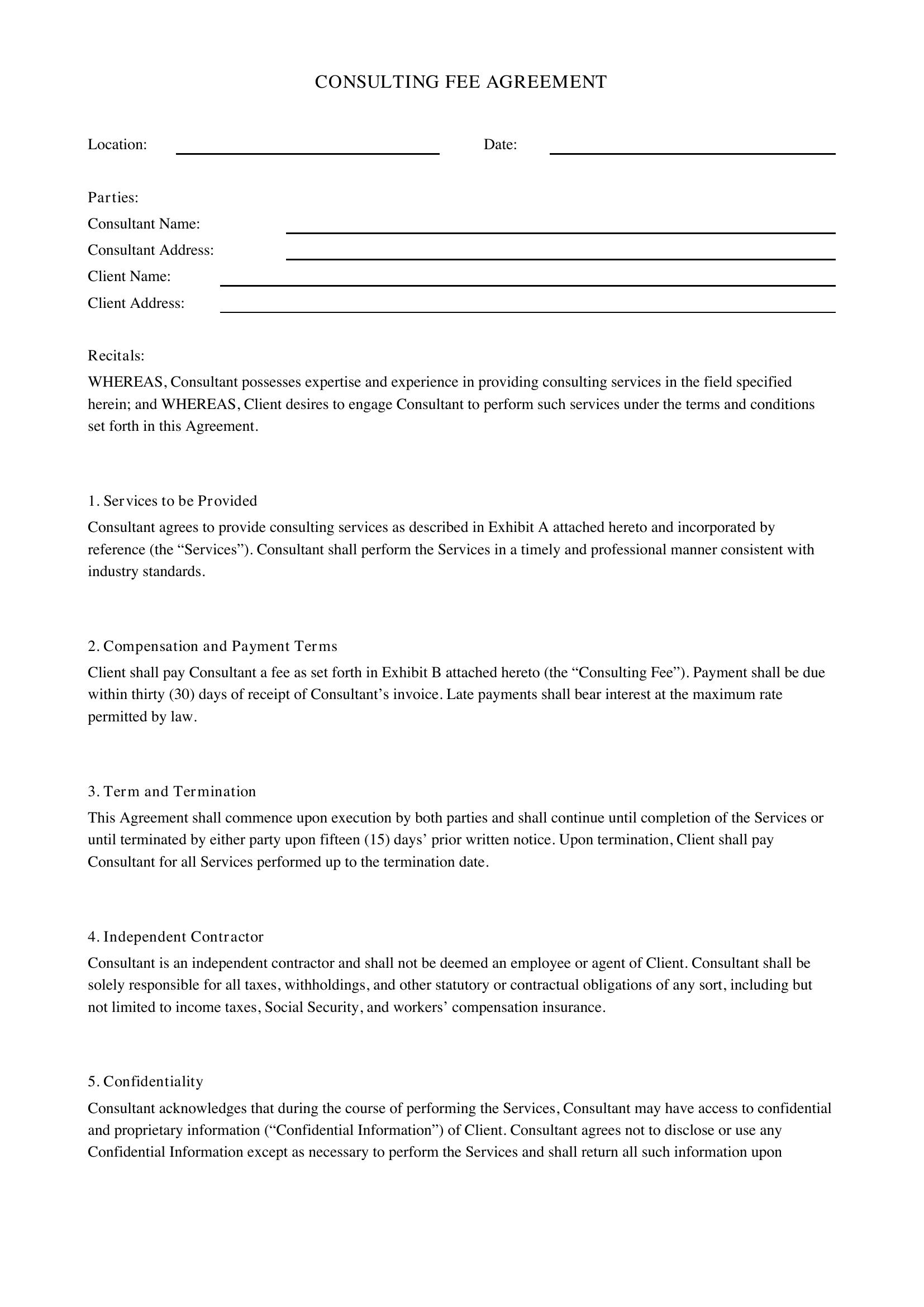 Consulting Fee Agreement Template