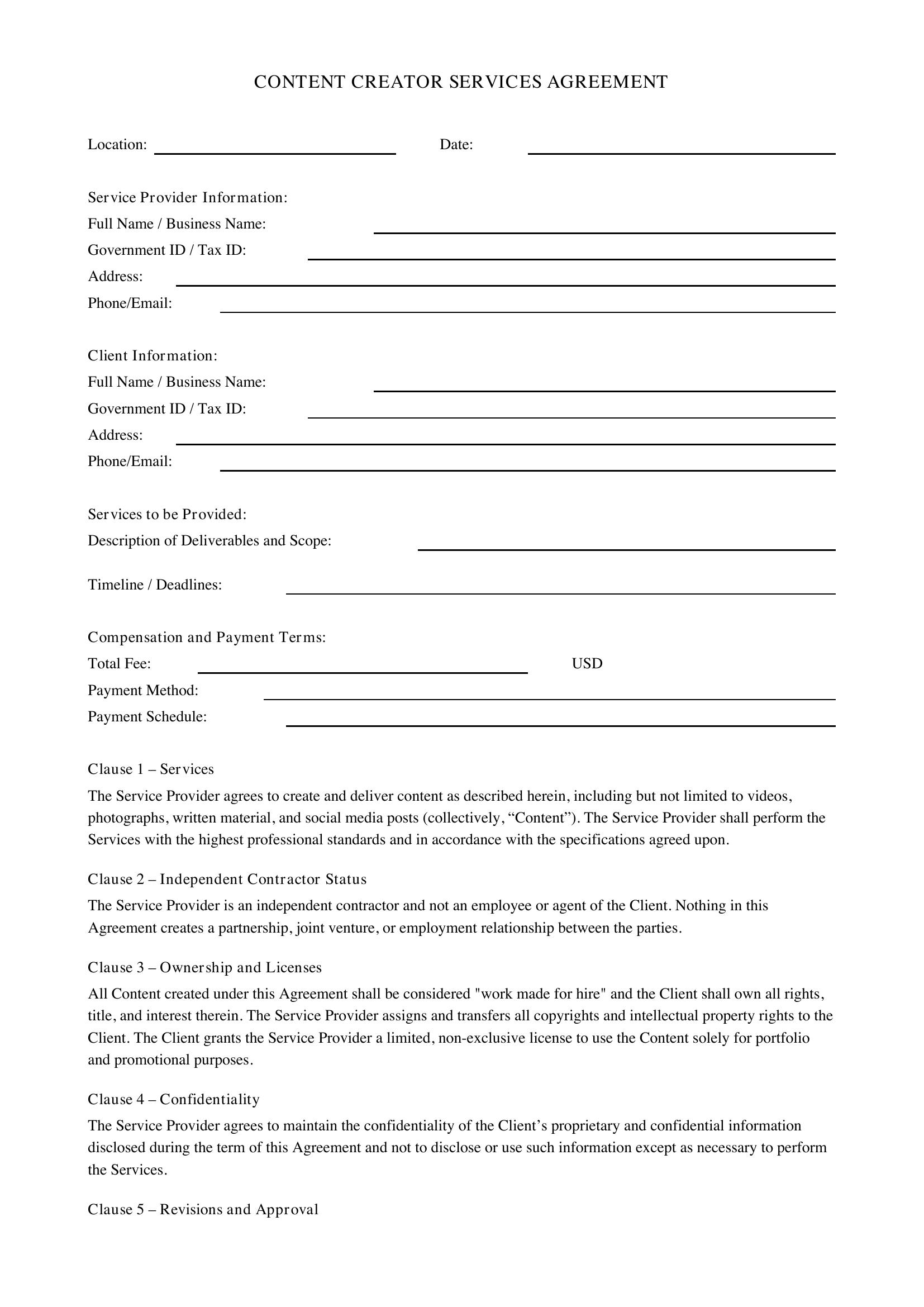 Content Creator Contract Template