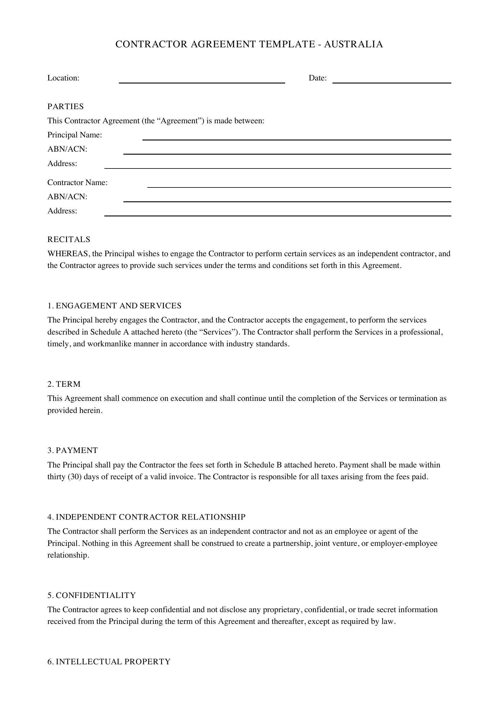Contractor Agreement Template Australia