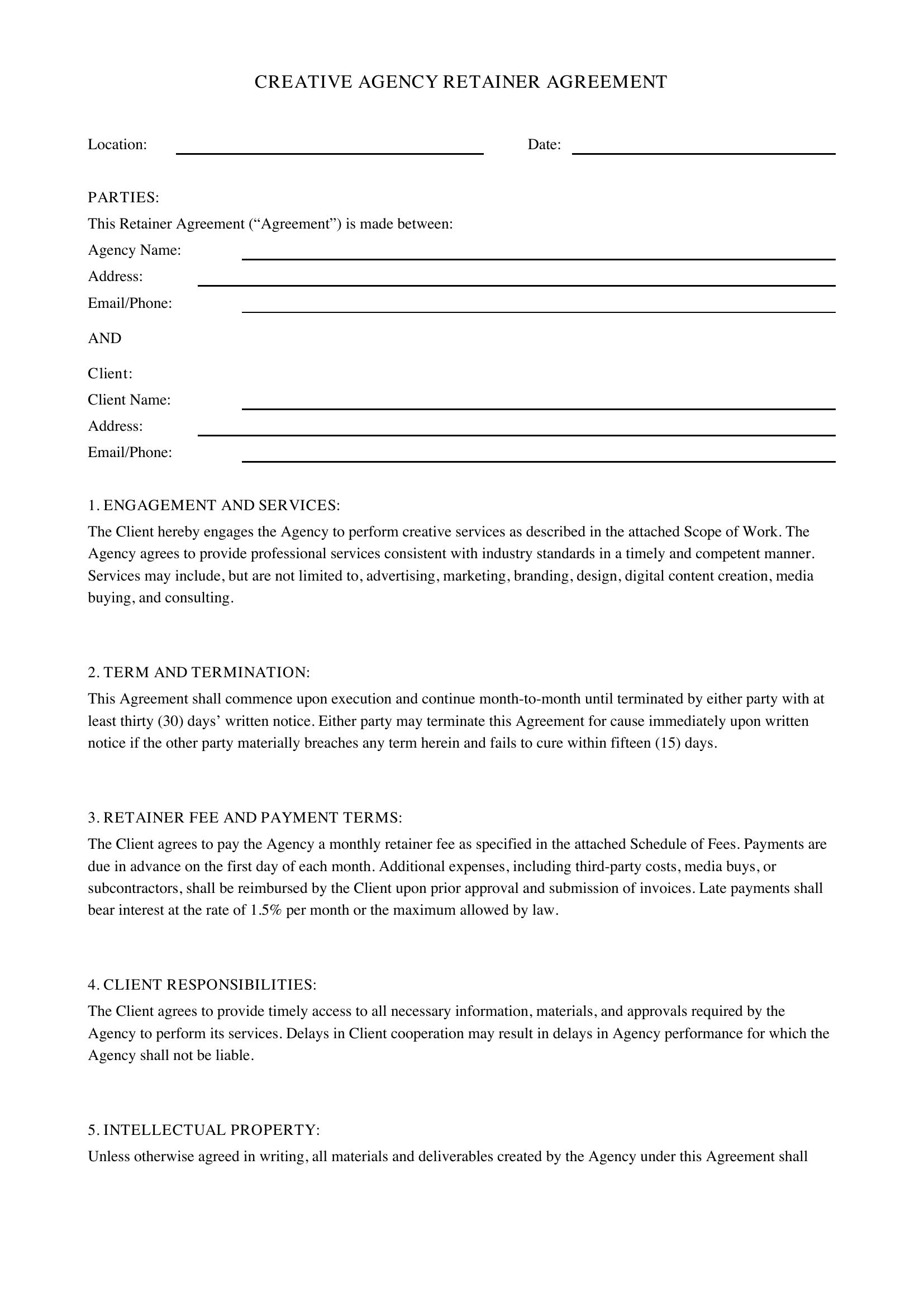 Creative Agency Retainer Agreement Template