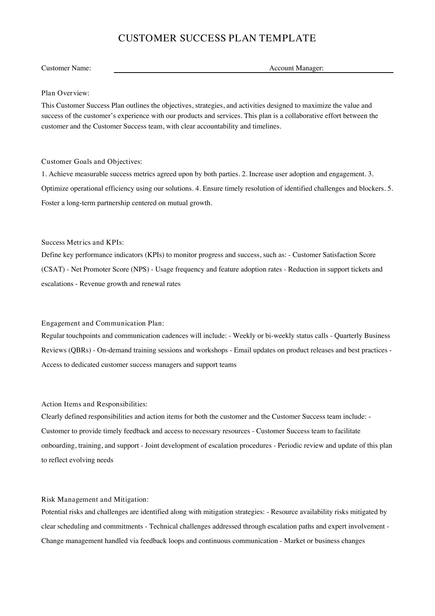 Customer Success Plan Template