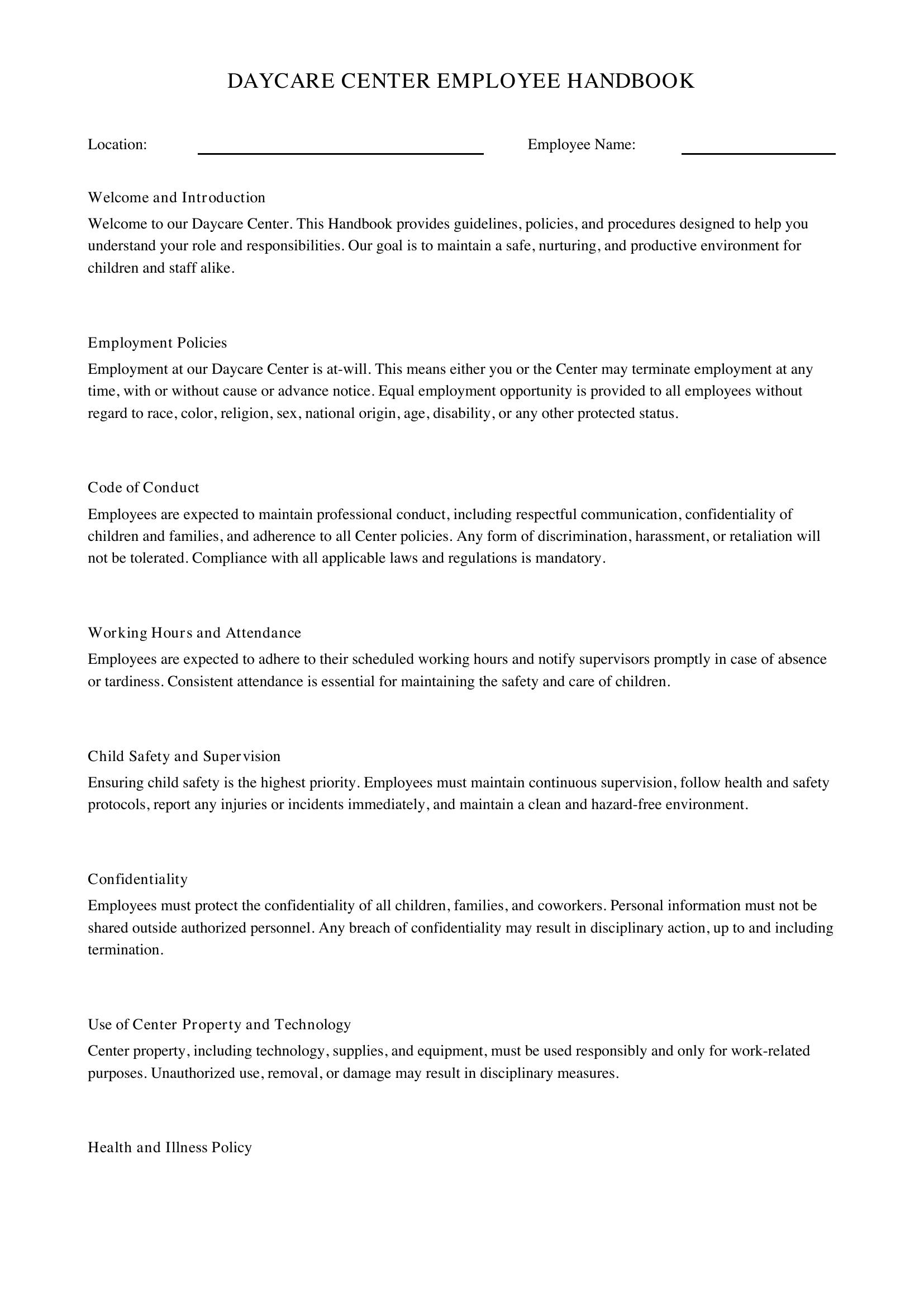 Daycare Employee Handbook Template