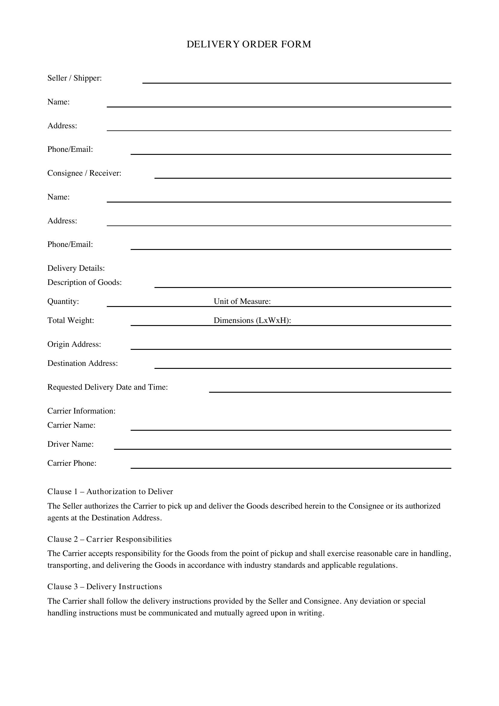 Delivery Order Form Template