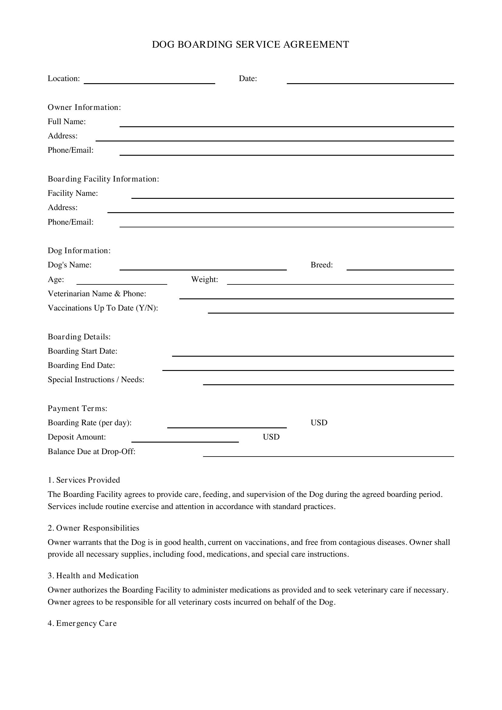 Dog Boarding Contract Template