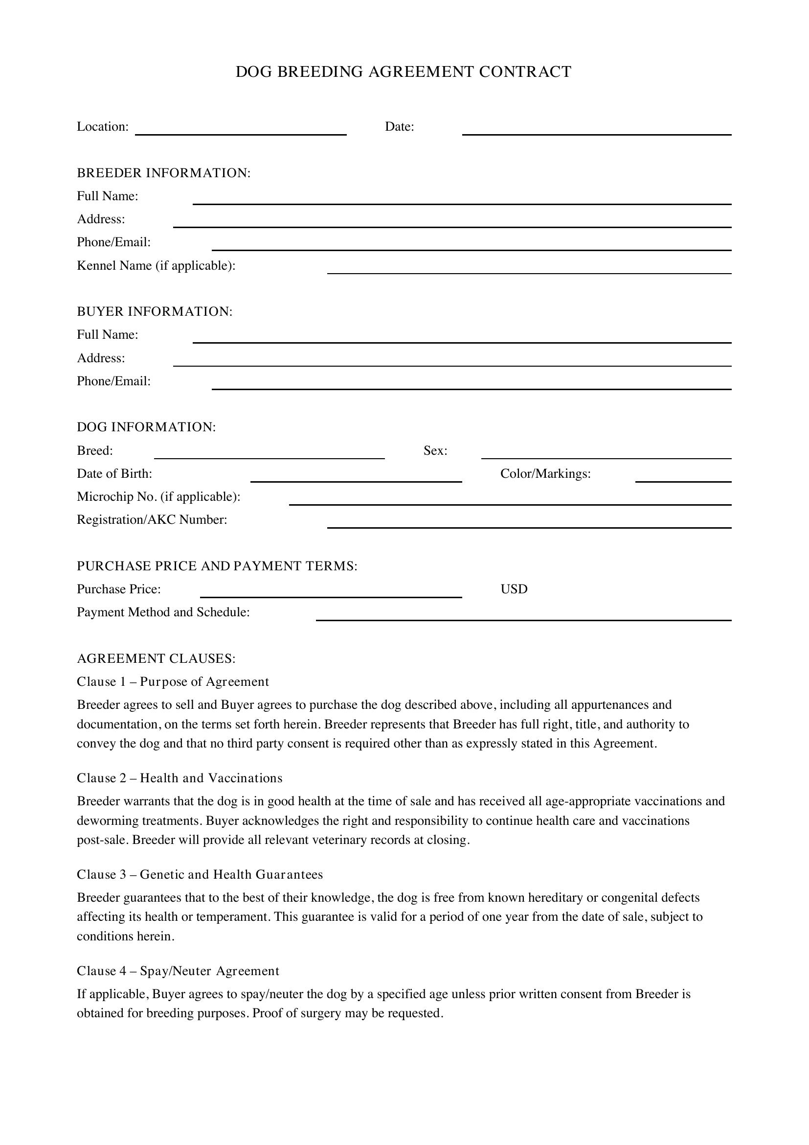 Dog Breeding Contract Template