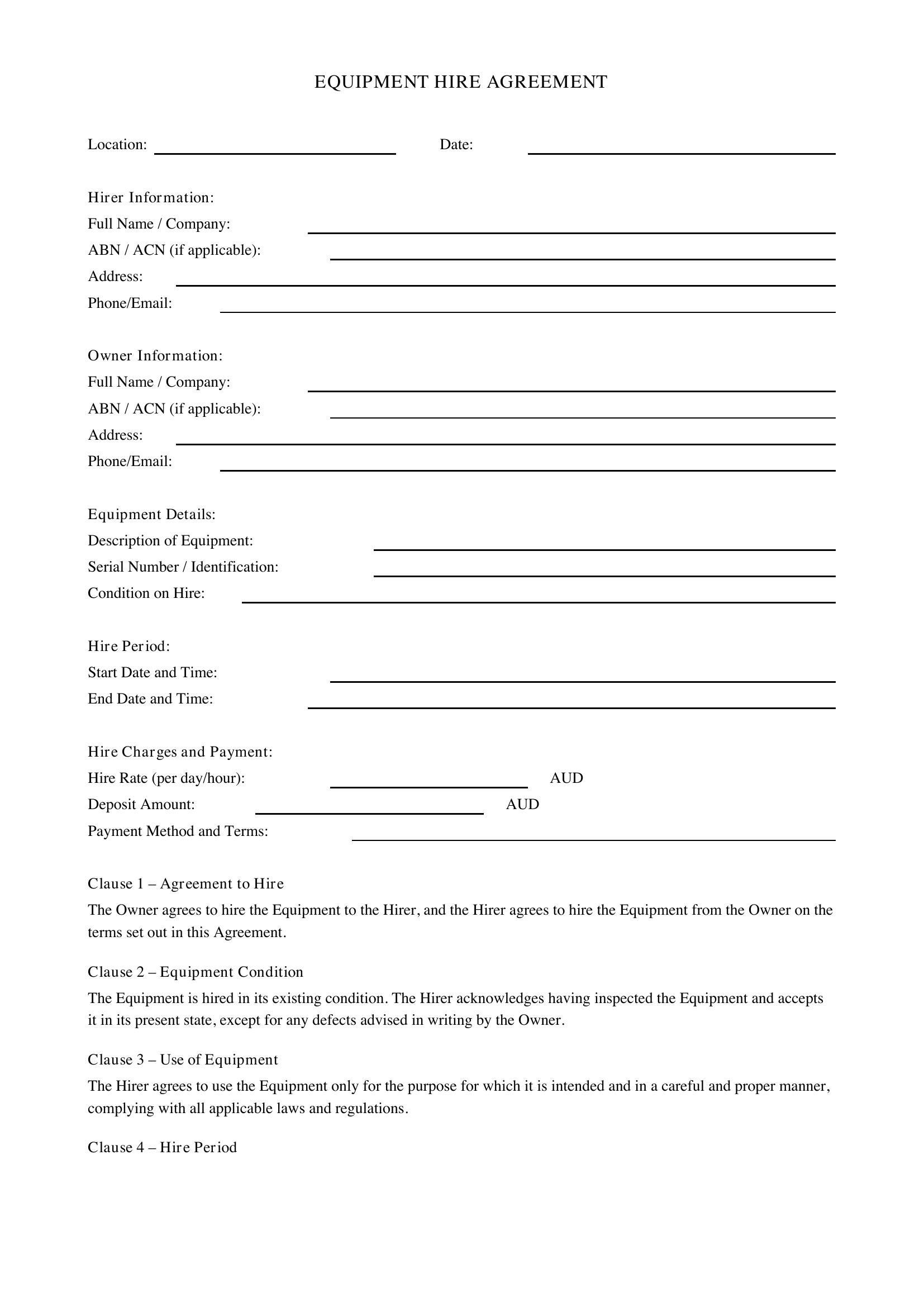 Equipment Hire Agreement Template Australia