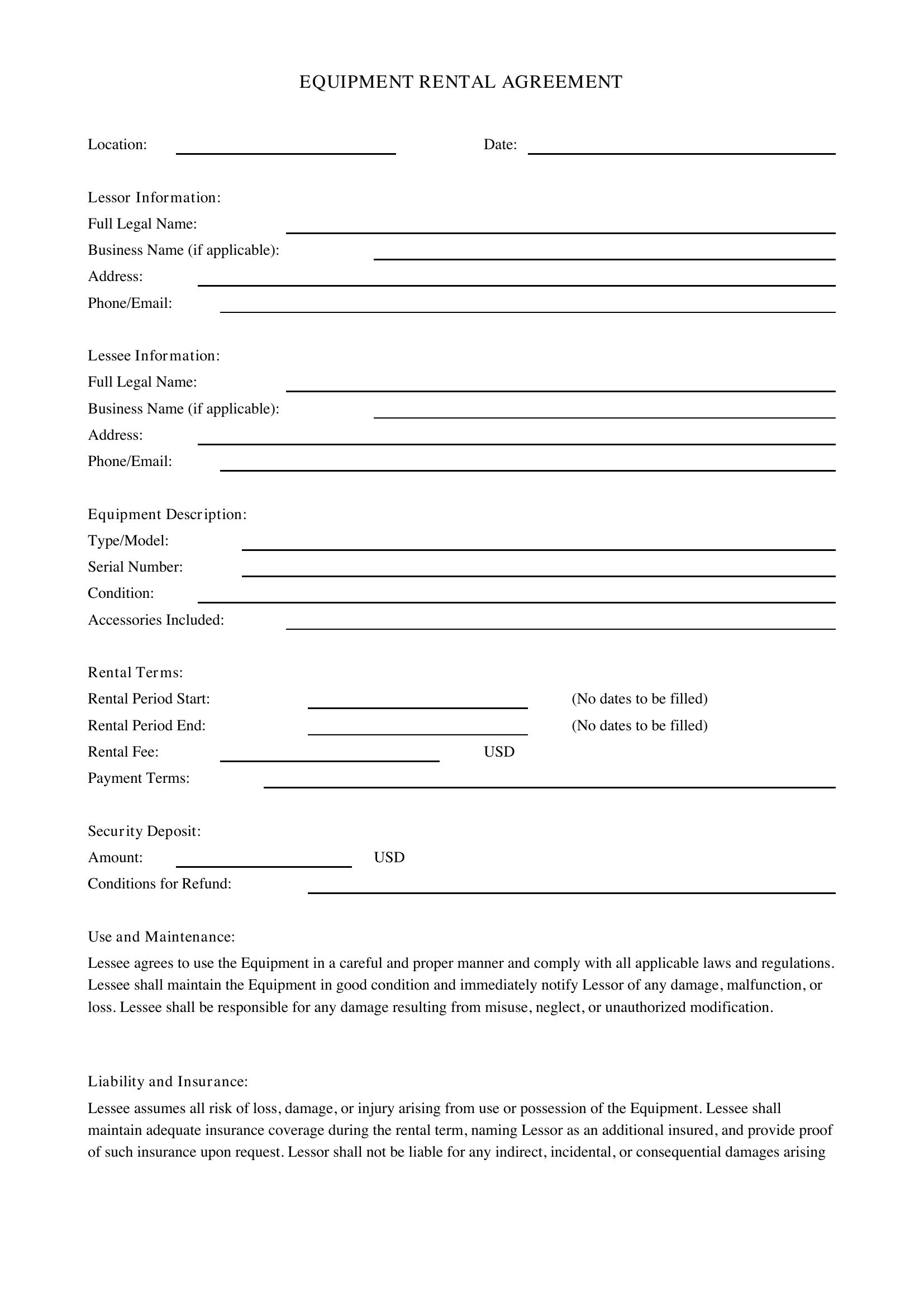 Equipment Rental Agreement Template