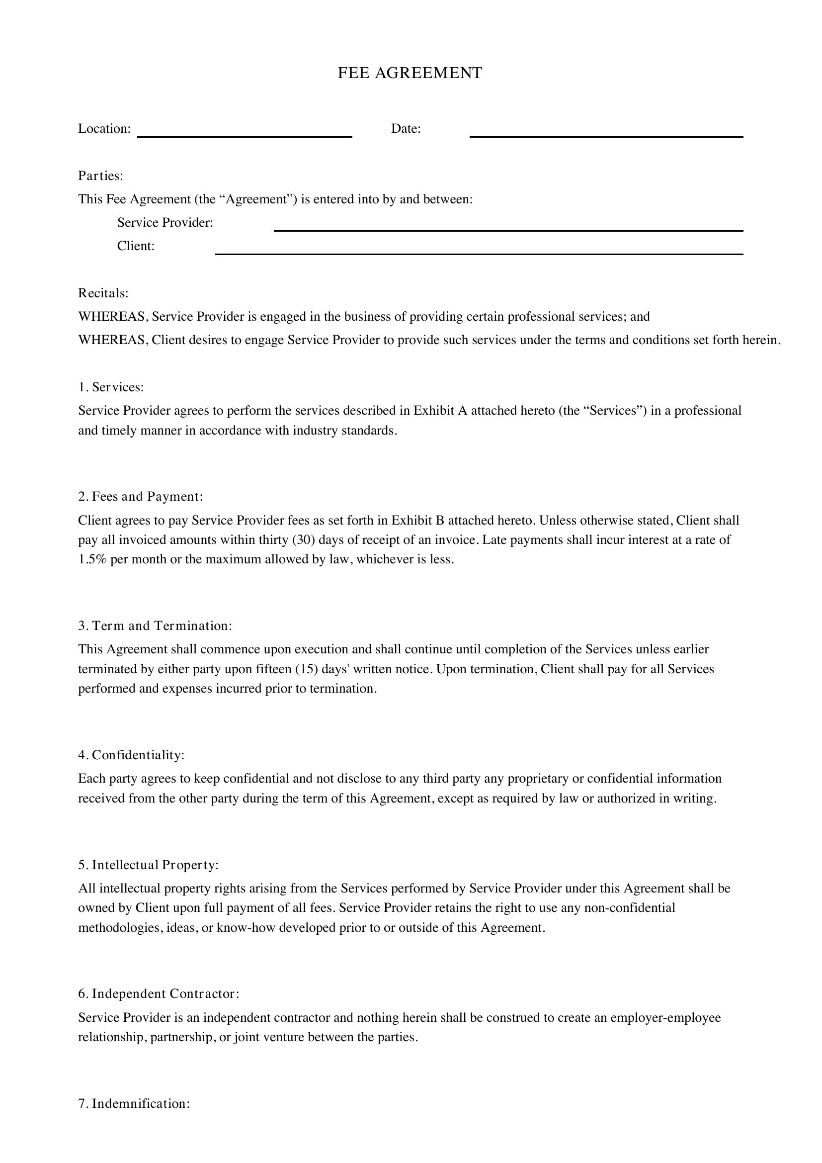 Fee Agreement Template