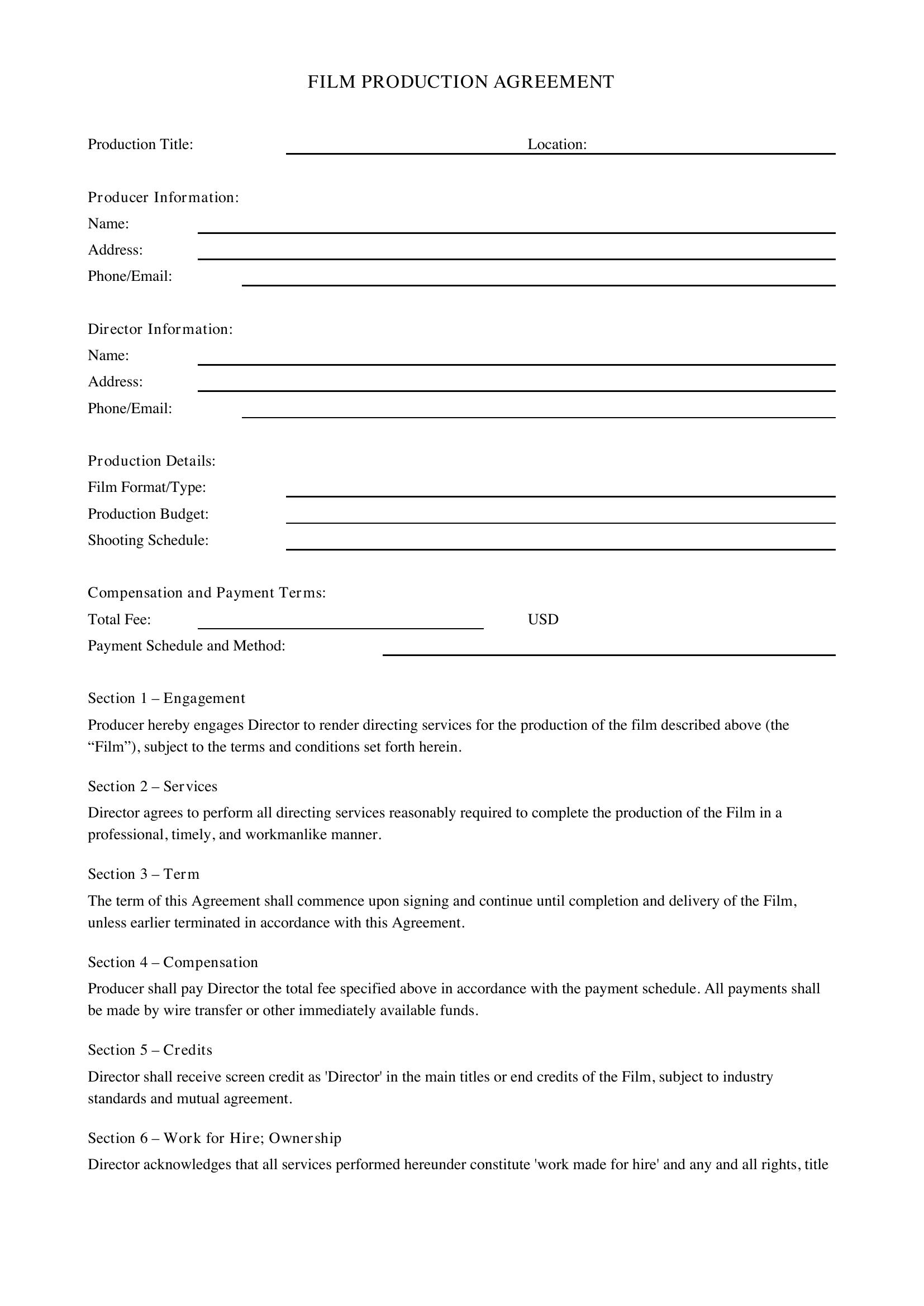 Film Production Agreement Template