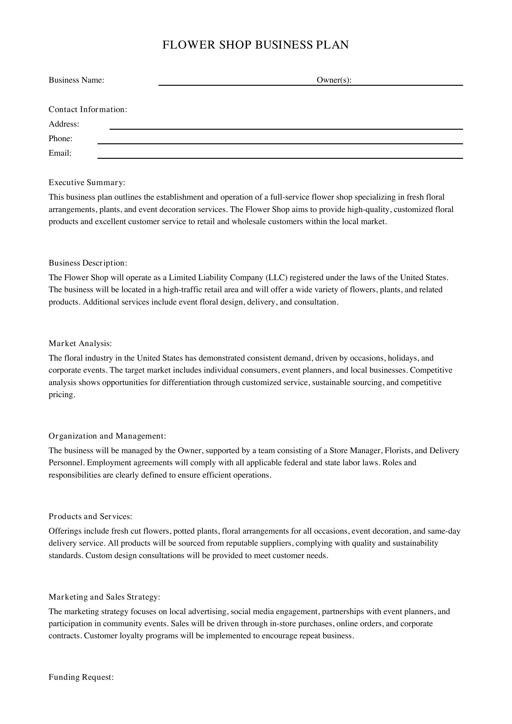 Flower Shop Business Plan Template
