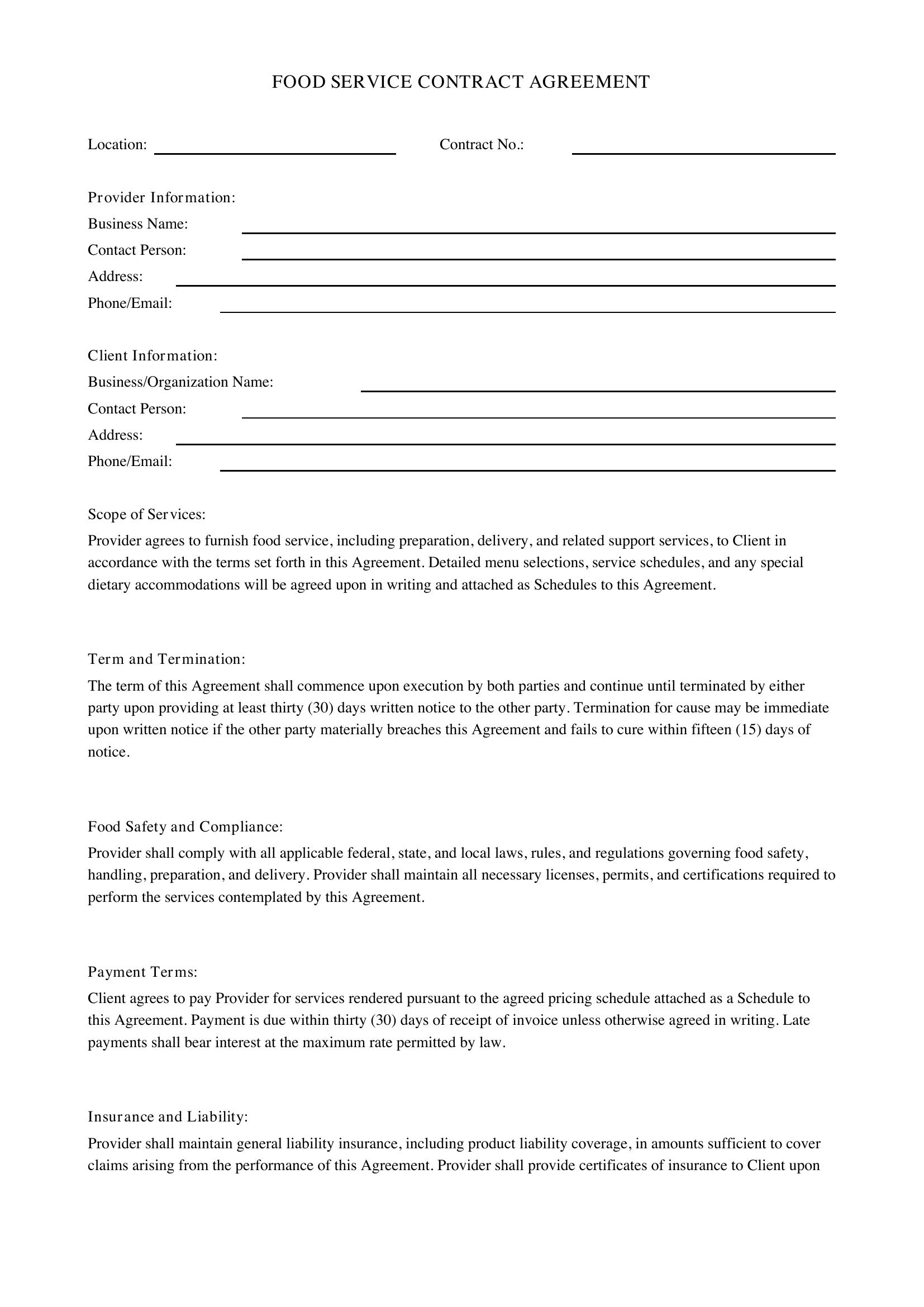 Food Service Contract Template