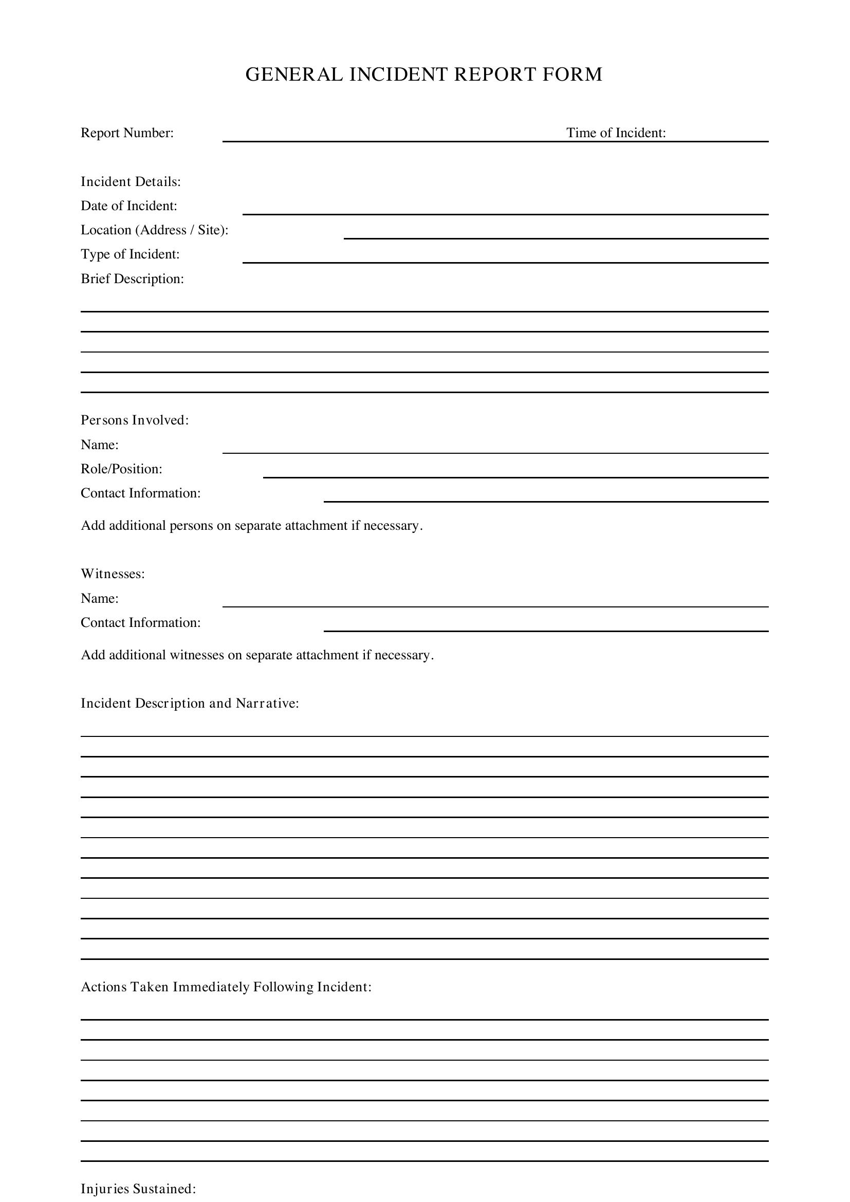 General Incident Report Form Template