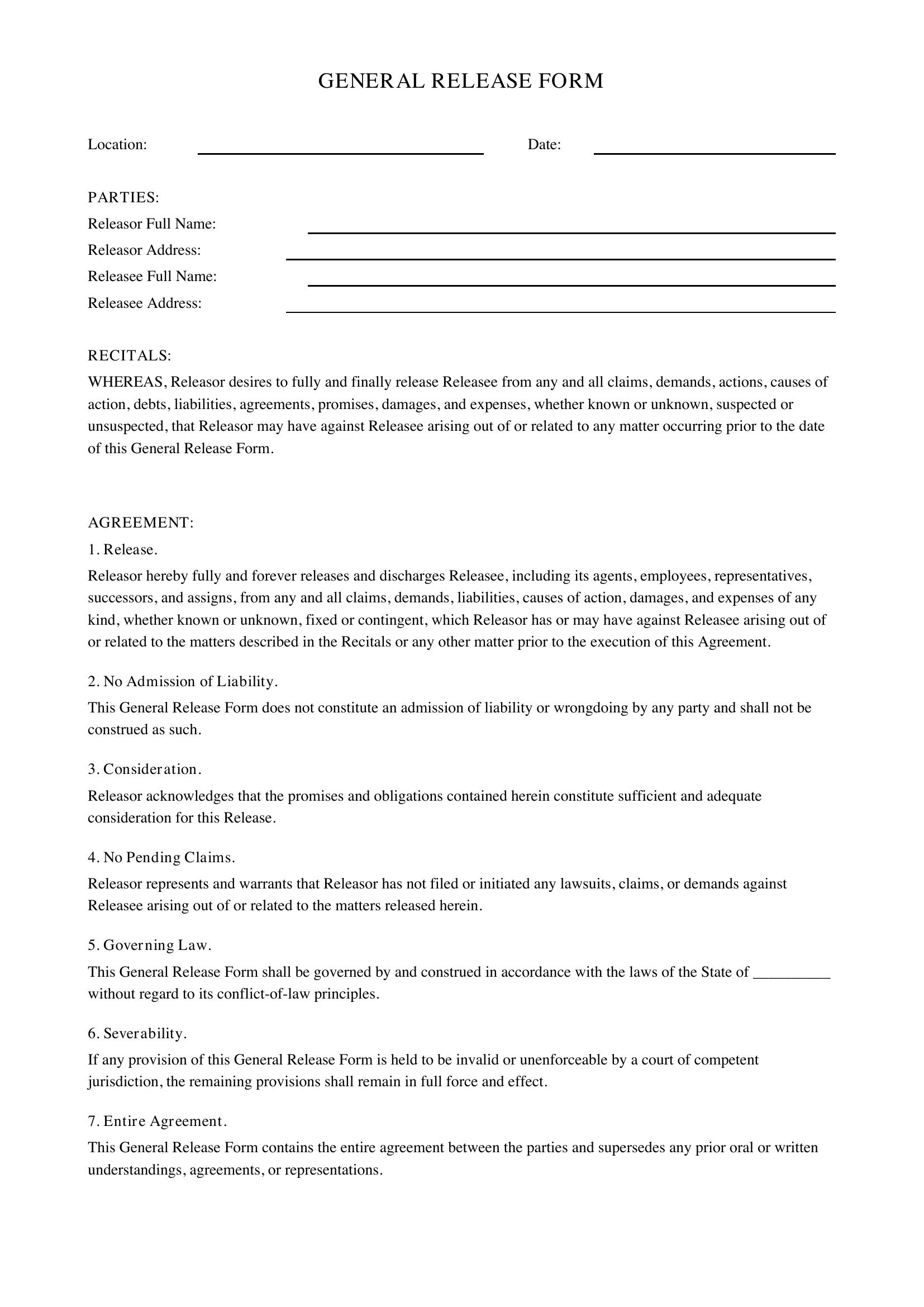General Release Form Template