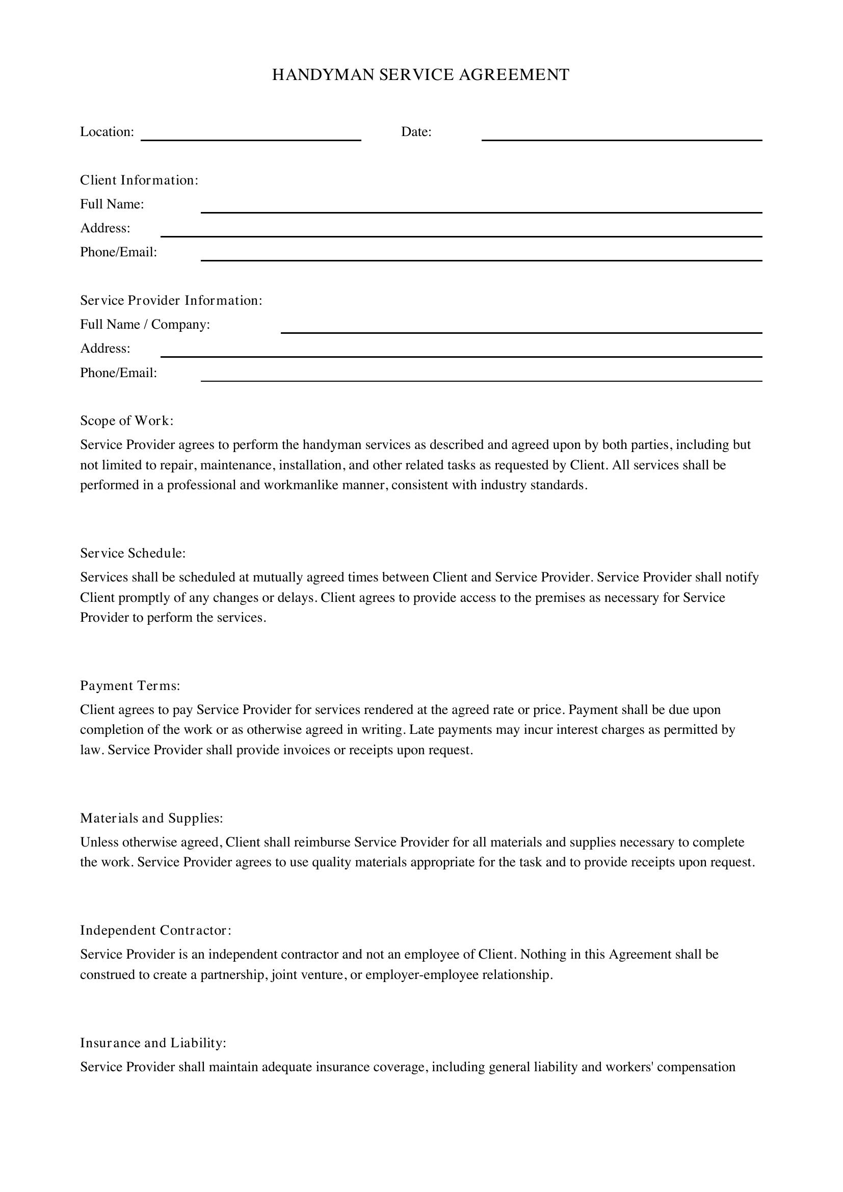 Handyman Service Agreement Template