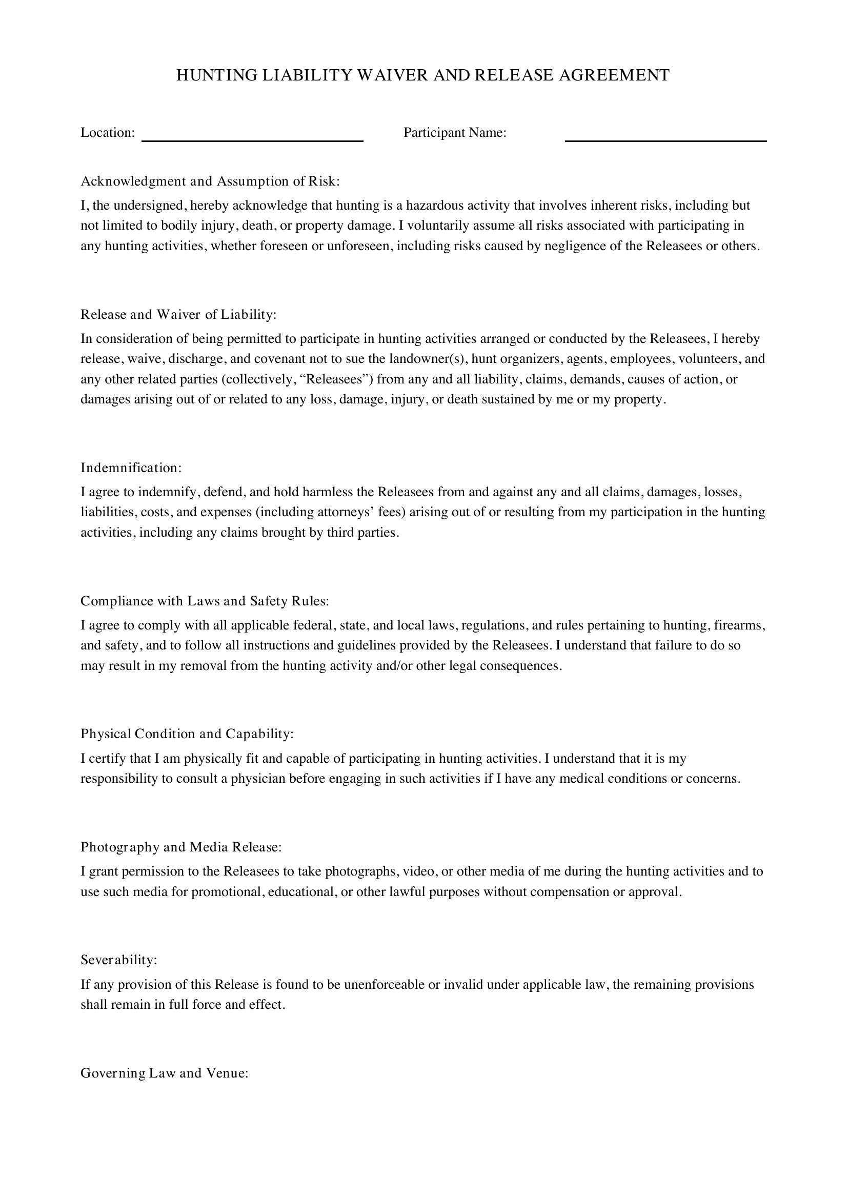 Hunting Liability Waiver Template