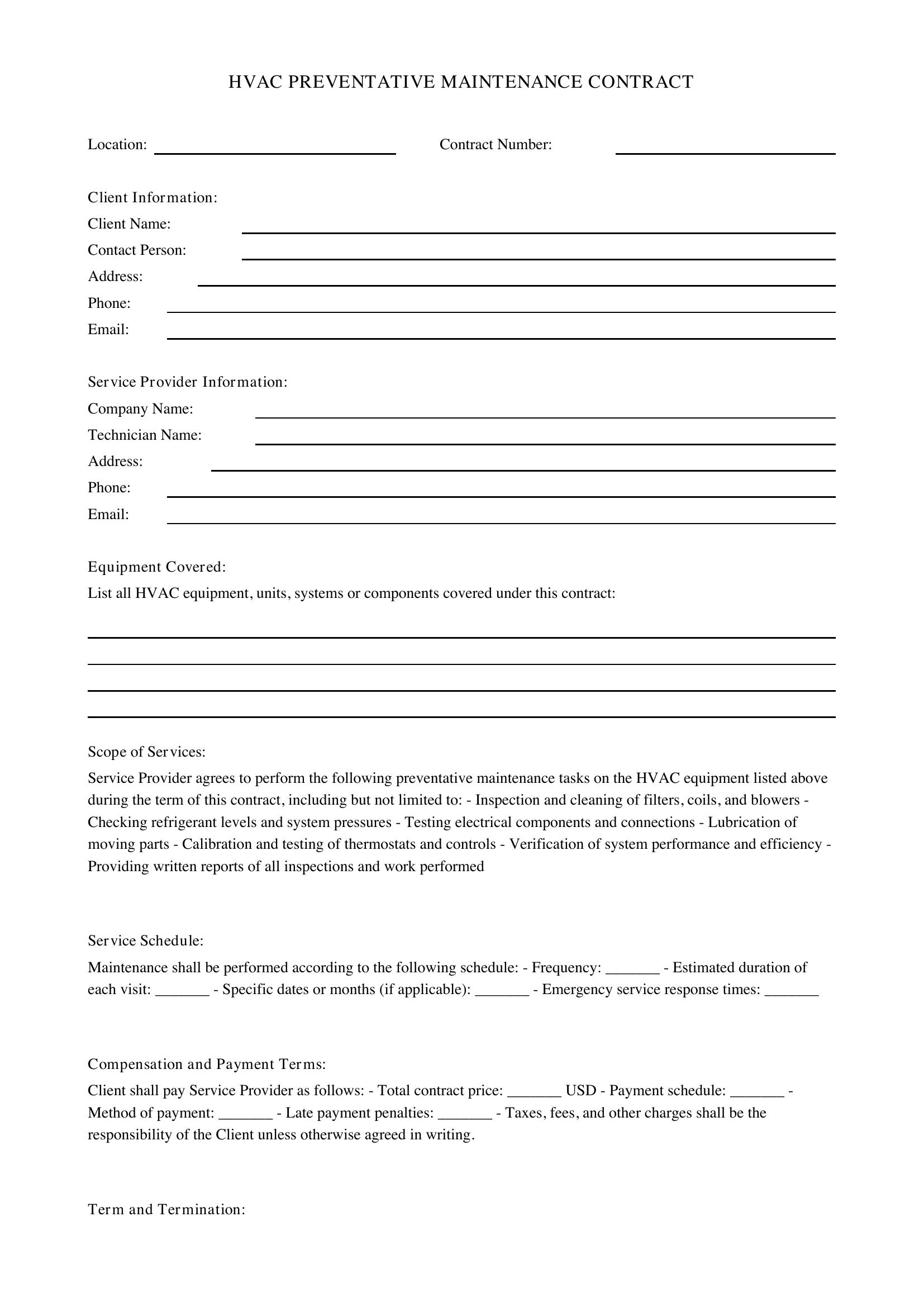 Hvac Preventative Maintenance Contract Template
