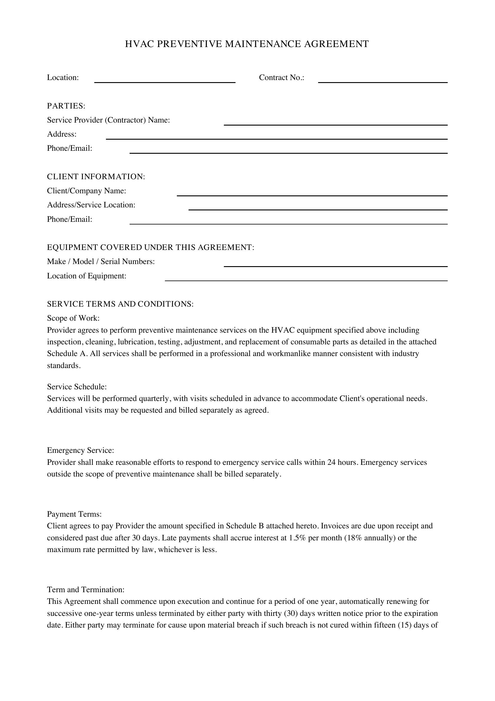 Hvac Preventive Maintenance Agreement Template