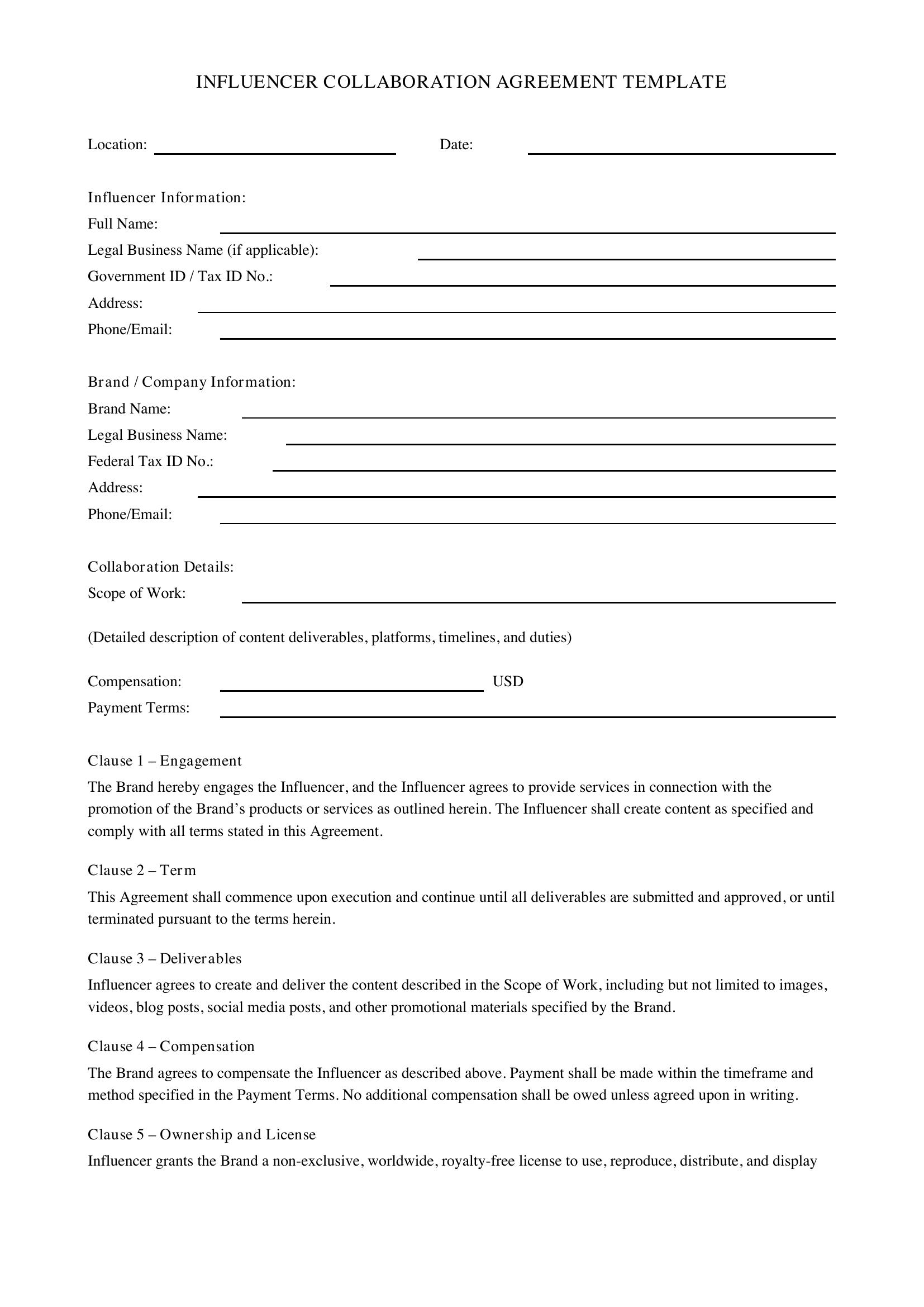 Influencer Collaboration Agreement Template