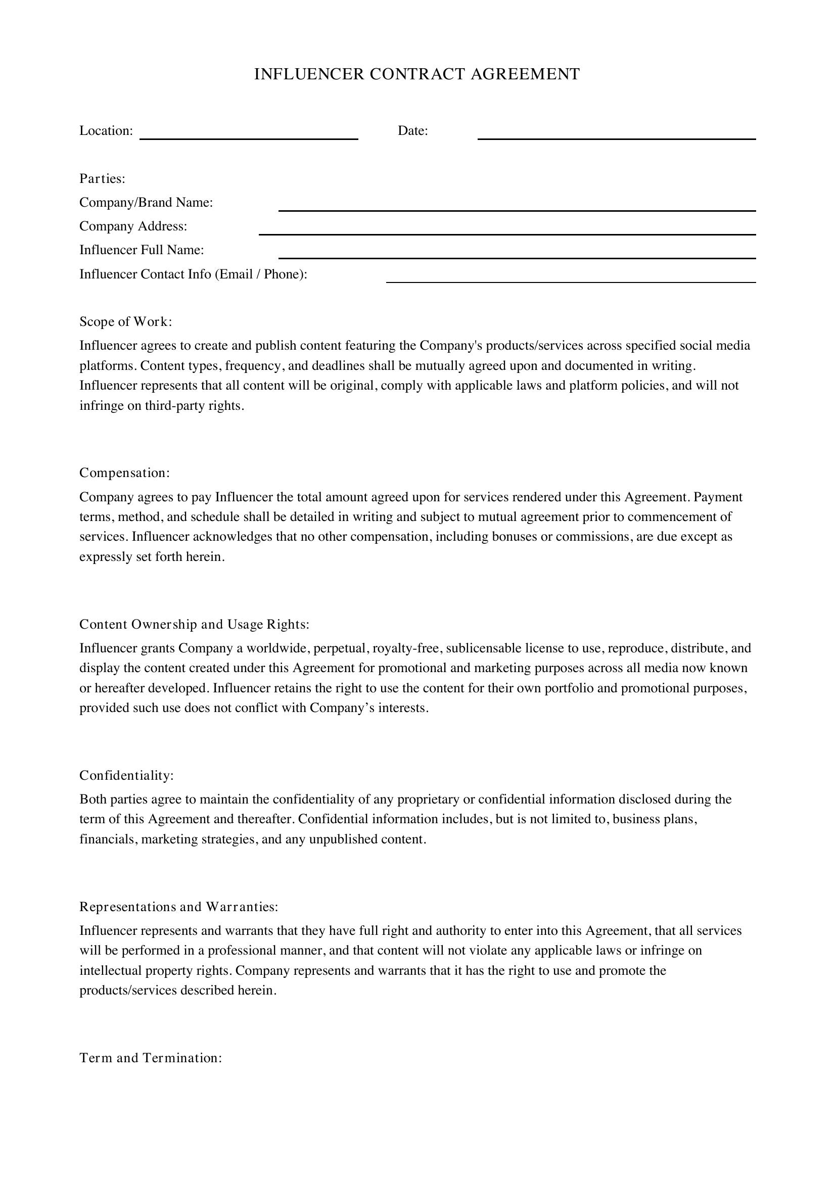 Influencer Contract Template