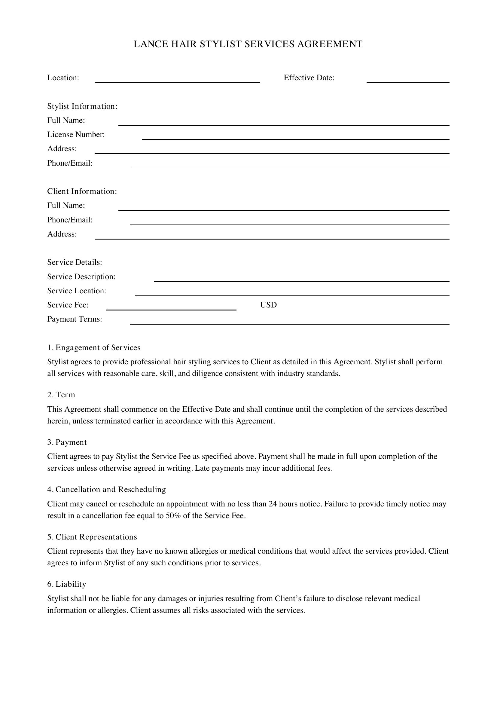 Lance Hair Stylist Contract Template