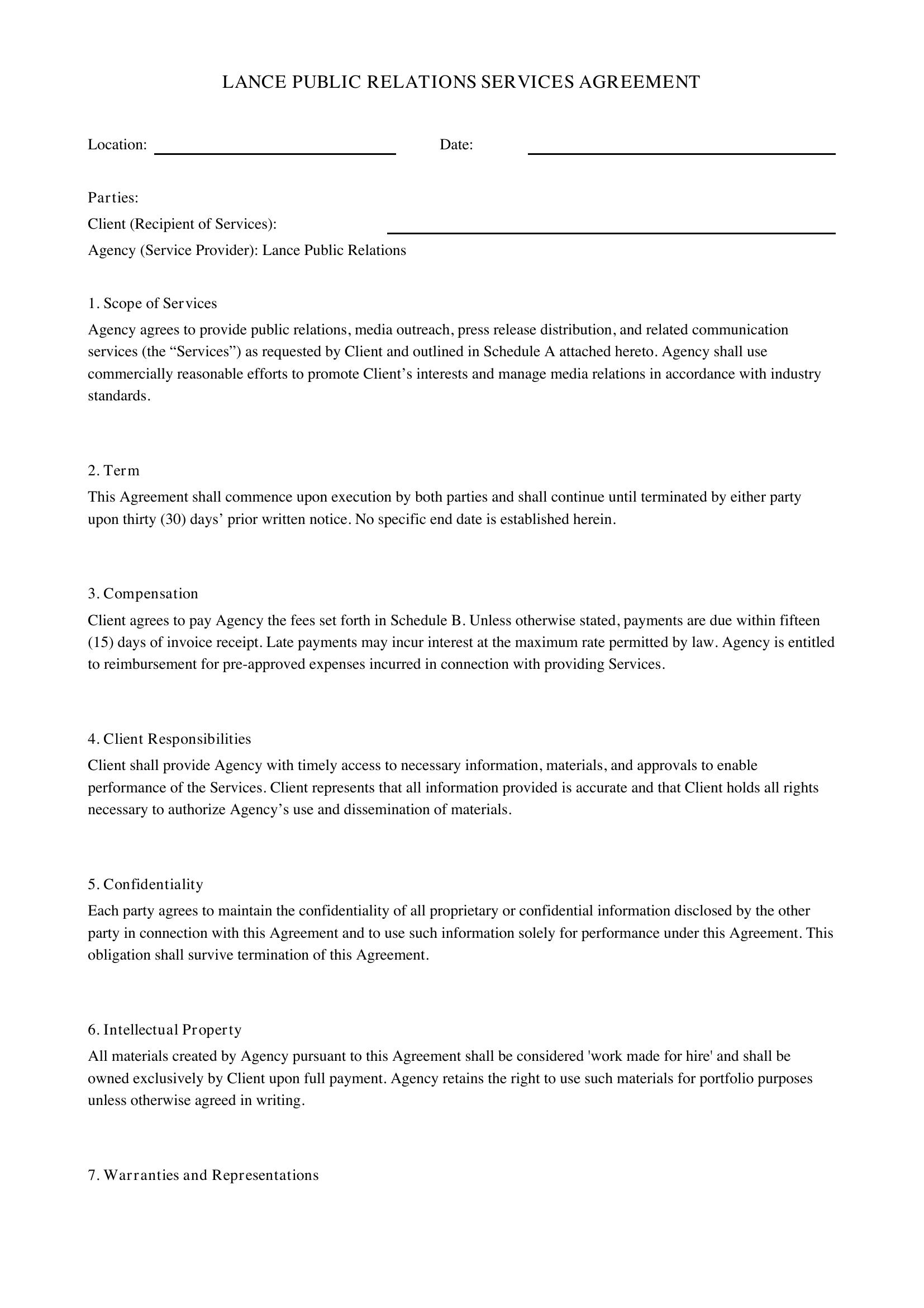 Lance Public Relations Contract Template