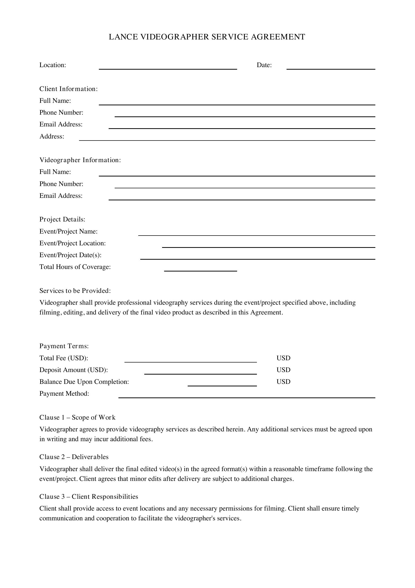 Lance Videographer Contract Template