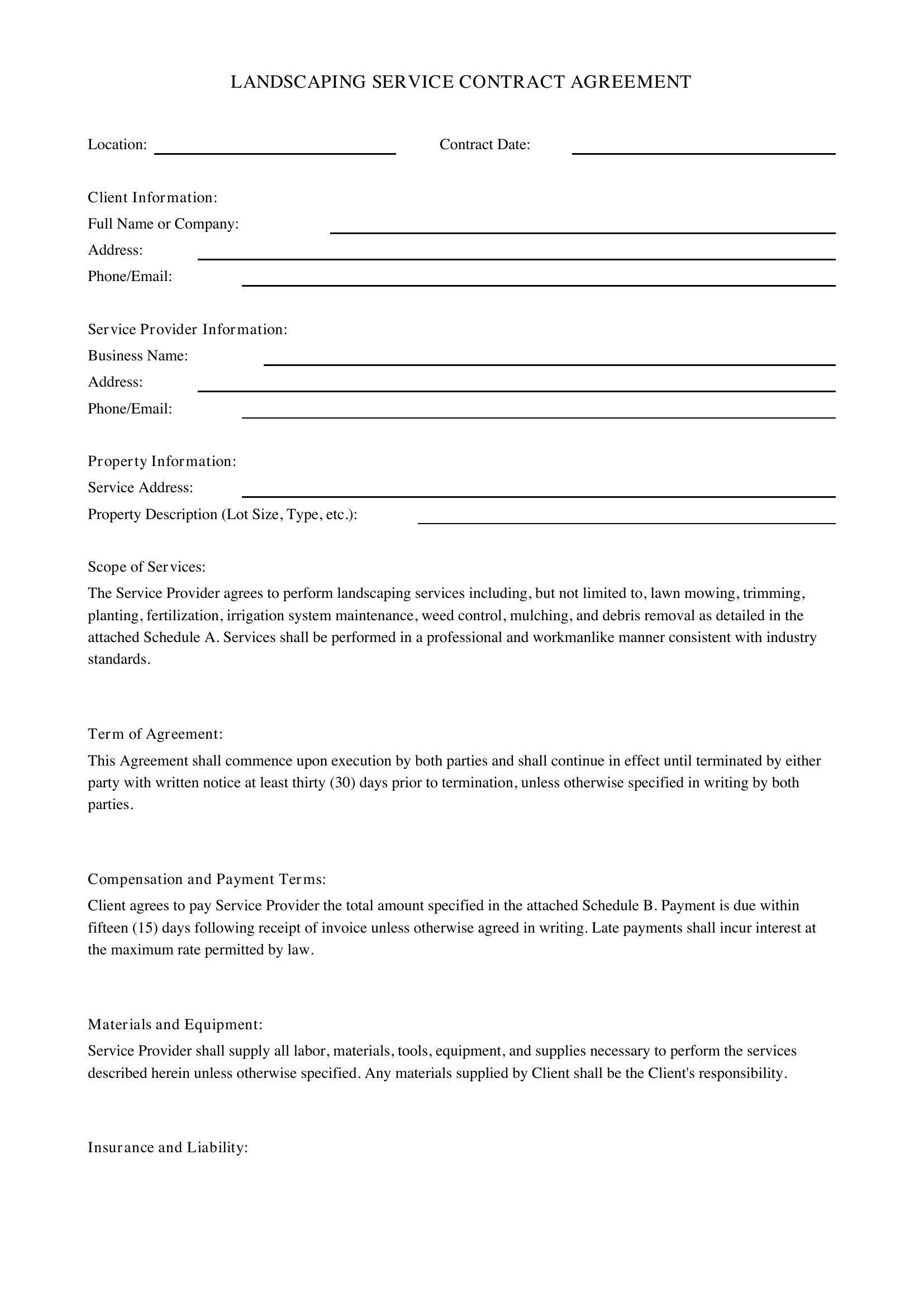 Landscaping Service Contract Template