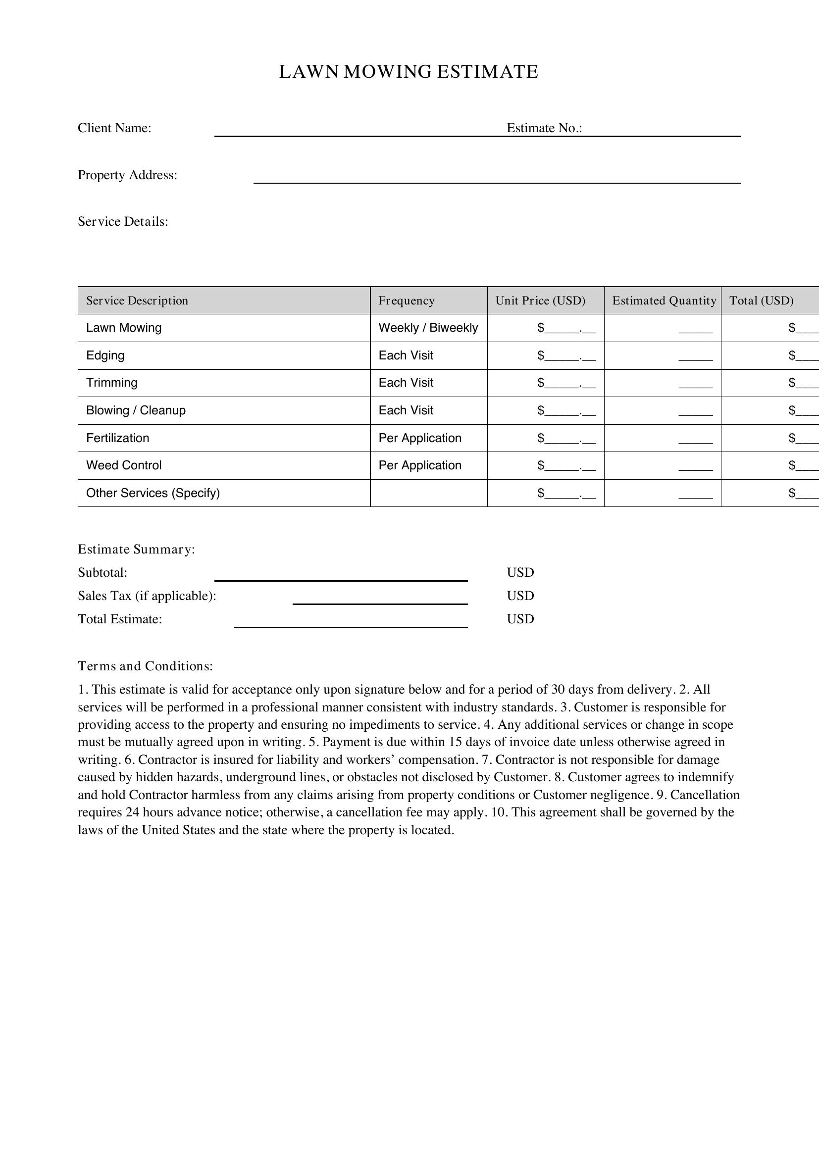 Lawn Mowing Estimate Template