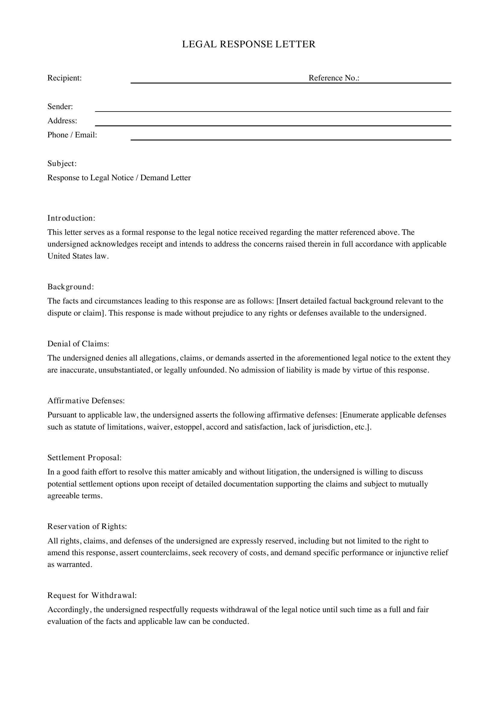 Legal Response Letter Template