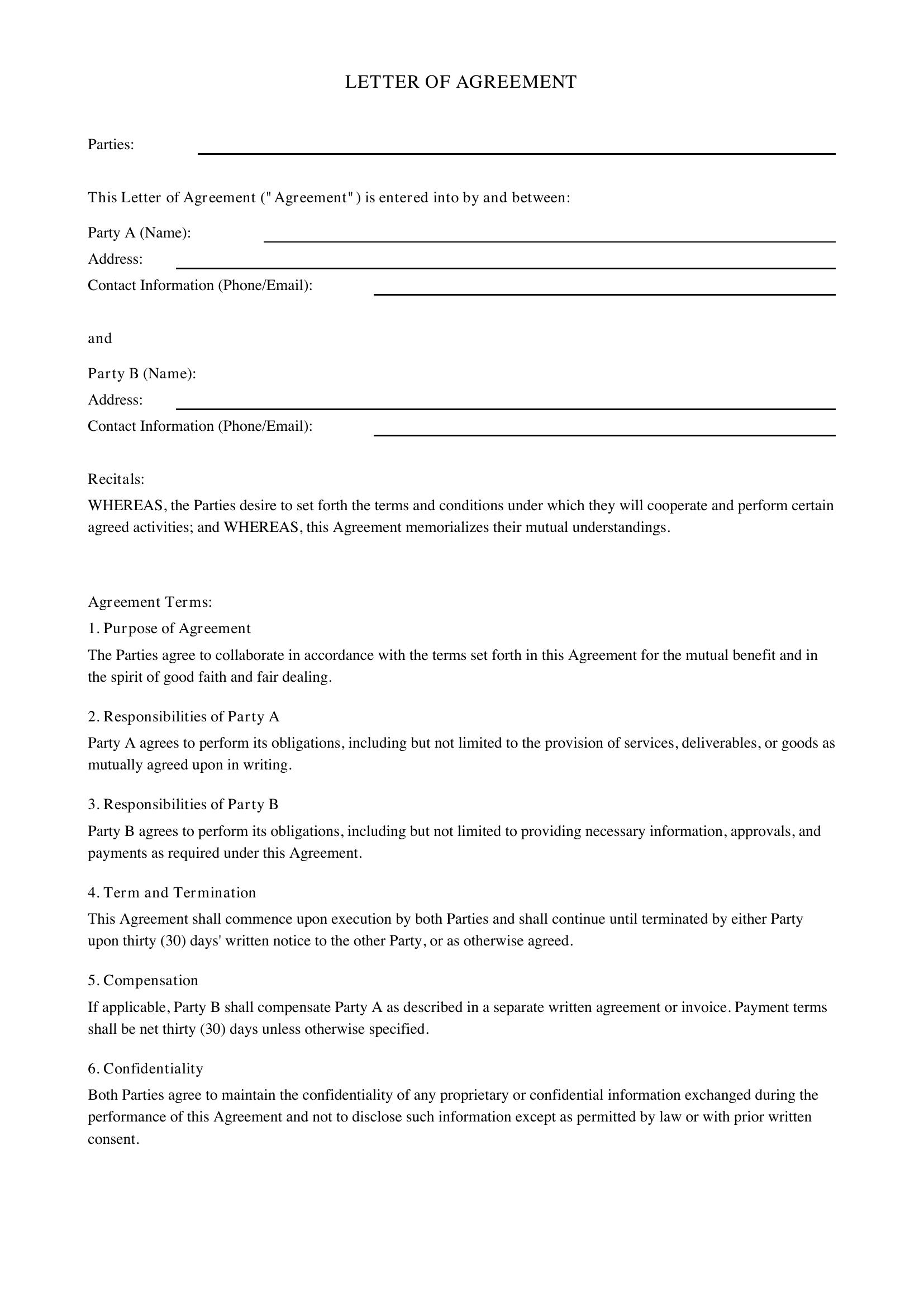 Letter Of Agreement Template