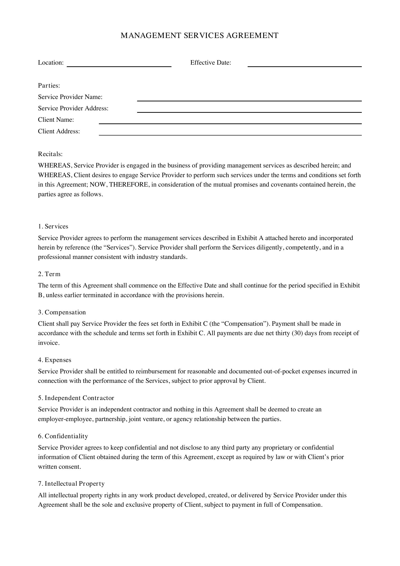 Management Services Agreement Template