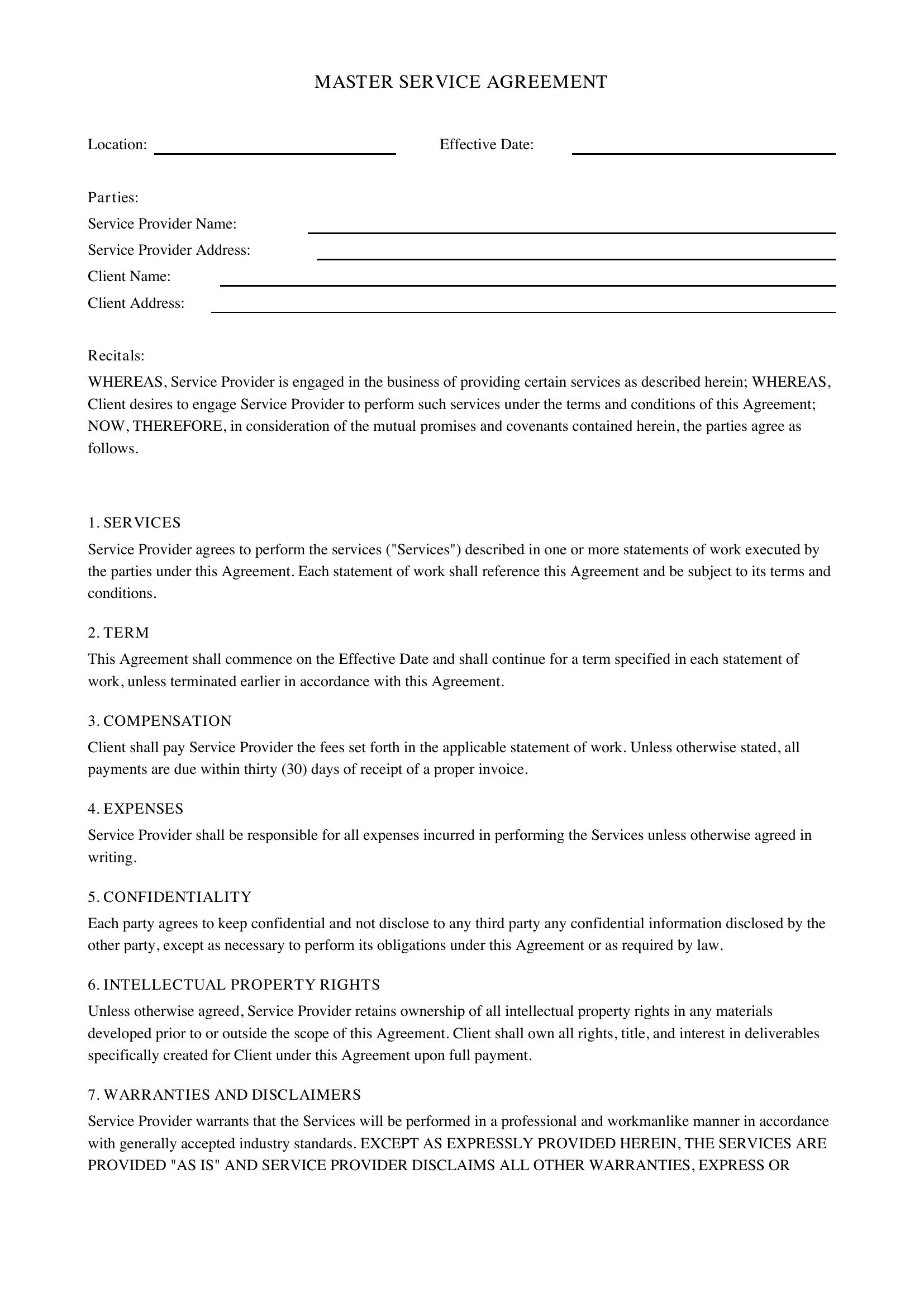 Master Service Agreement Template