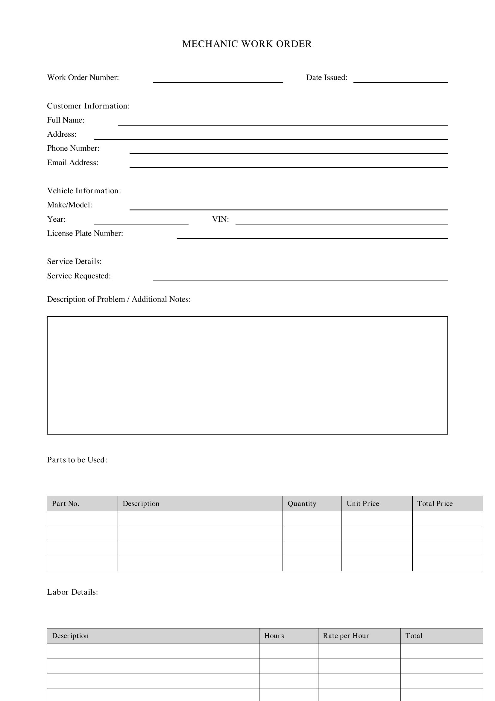 Mechanic Work Order Template