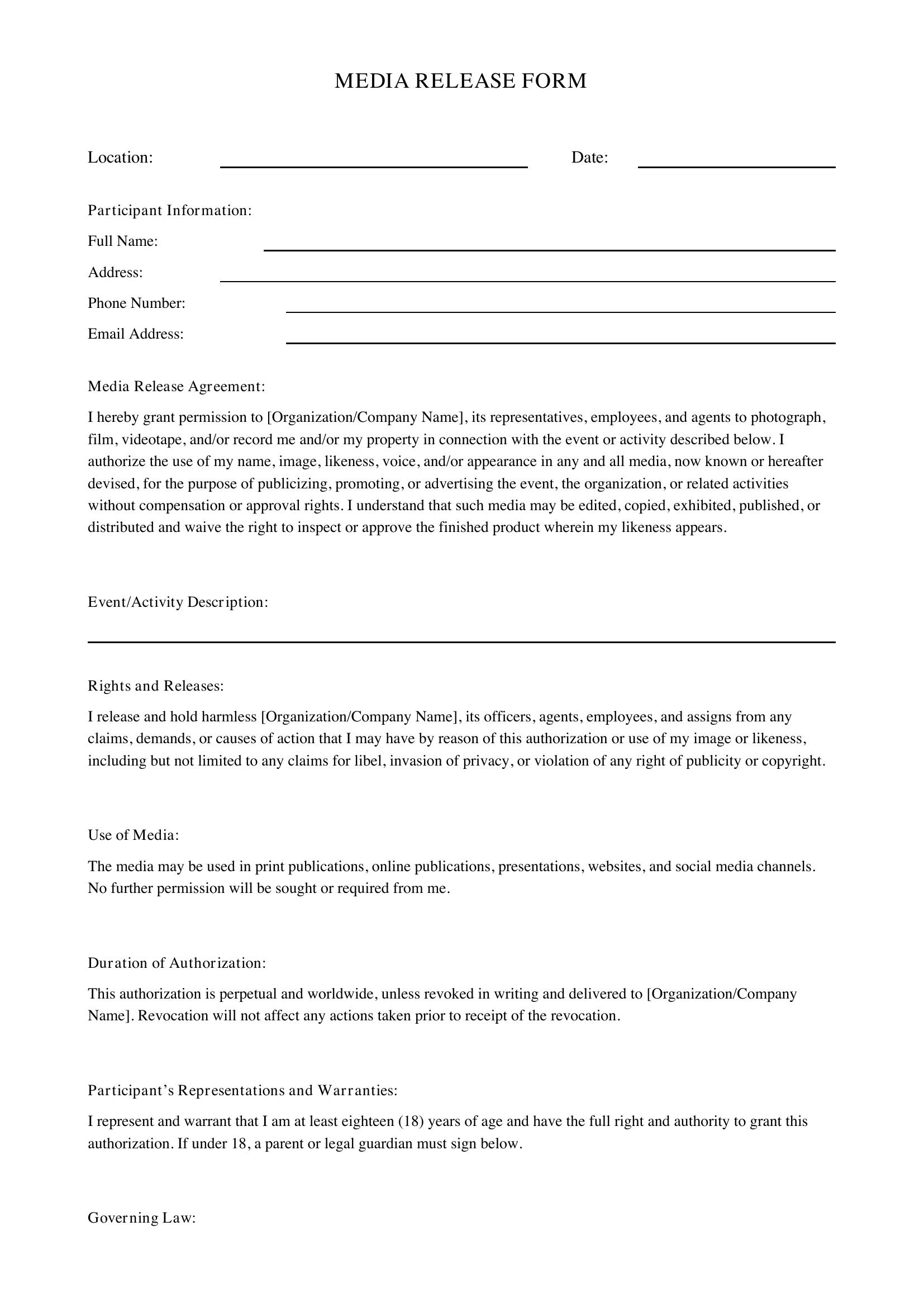 Media Release Form Template