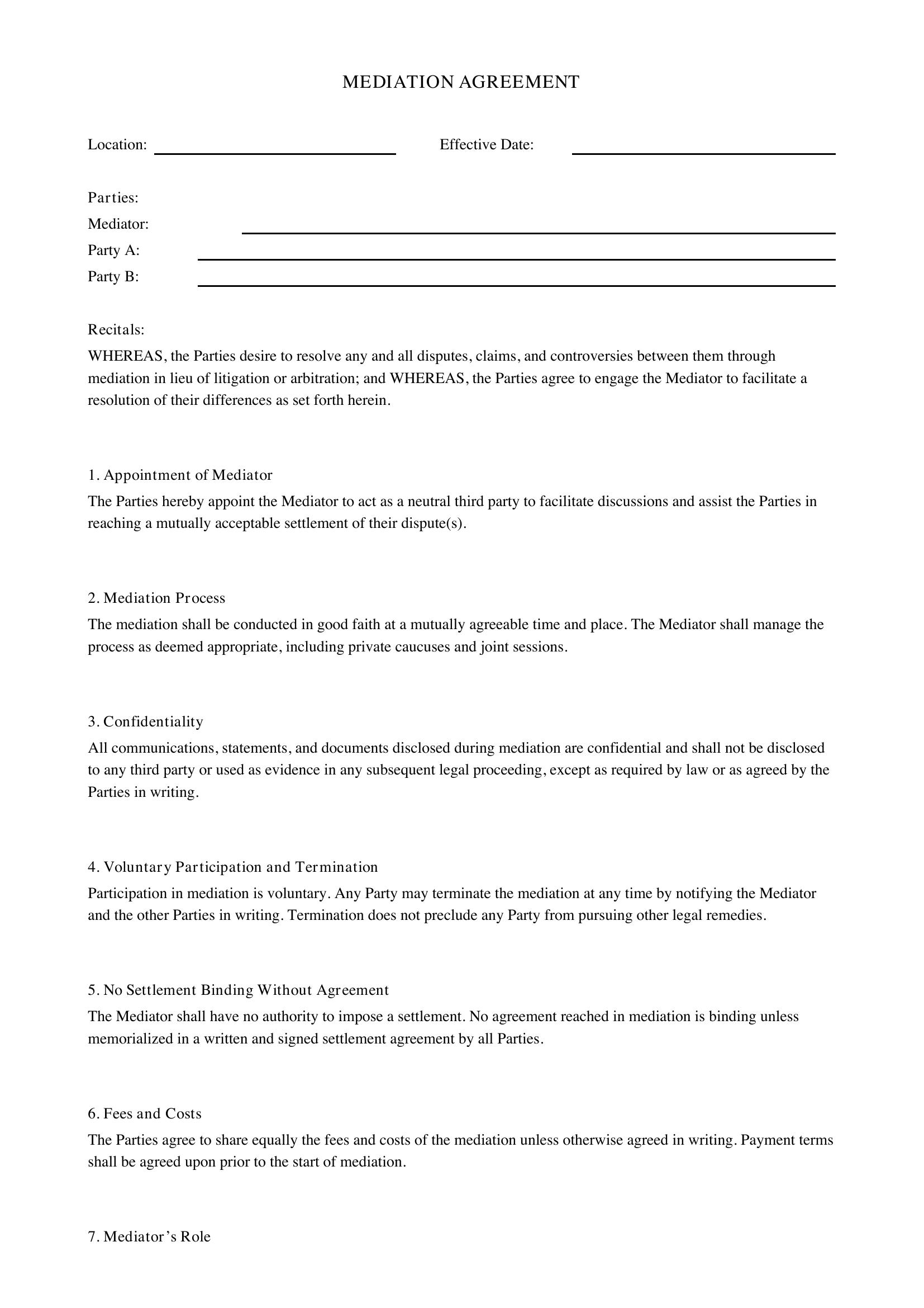 Mediation Agreement Template