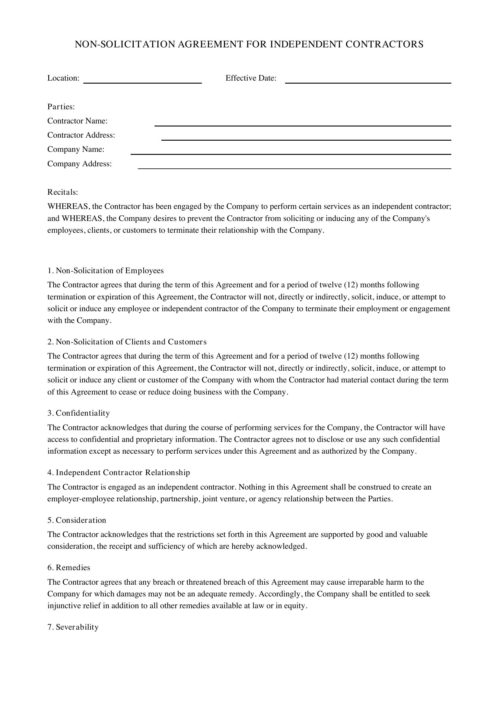Non-Solicitation Agreement For Independent Contractors Template
