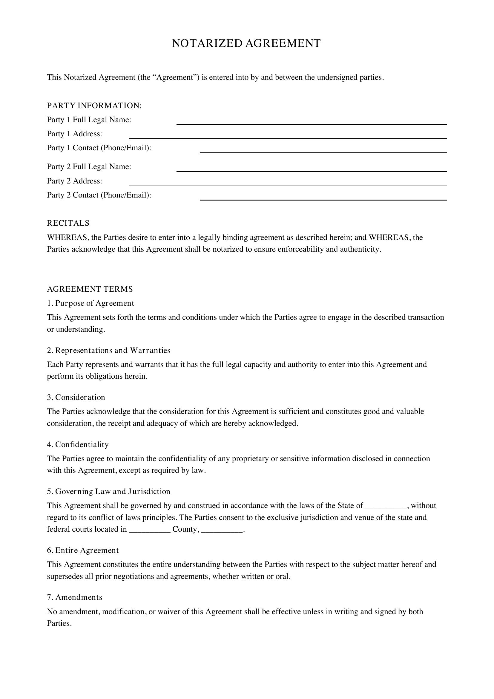 Notarized Agreement Template