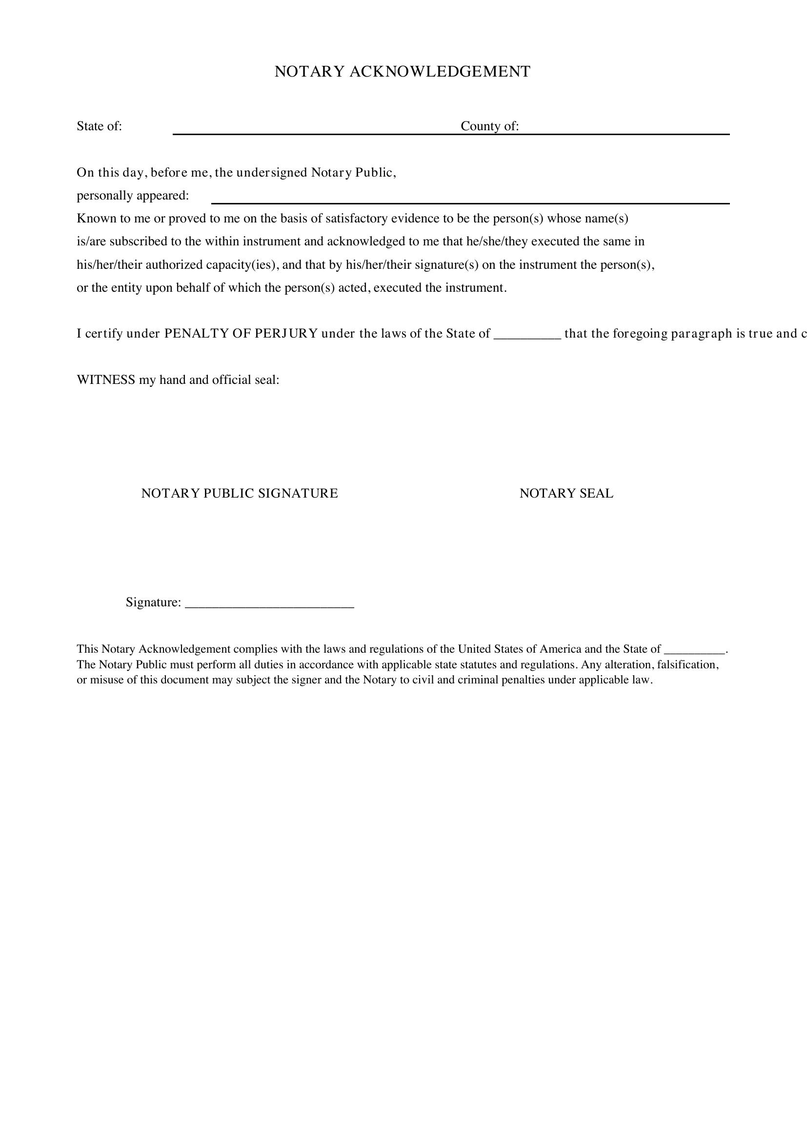 Notary Acknowledgement Template