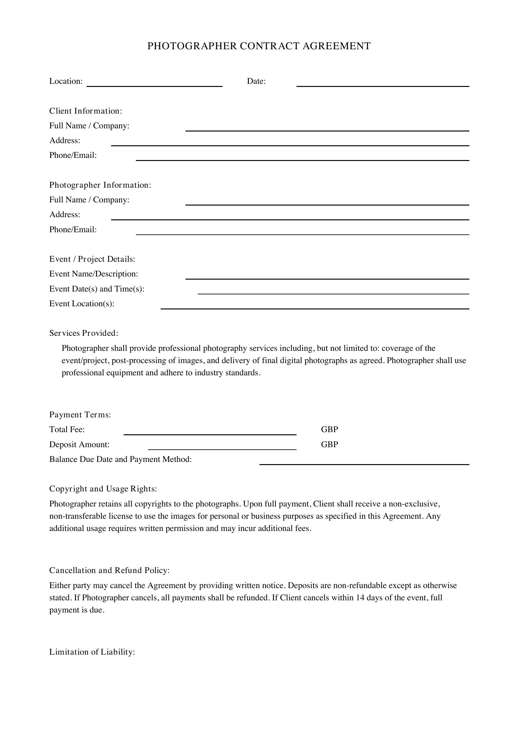 Photographer Contract Template Uk