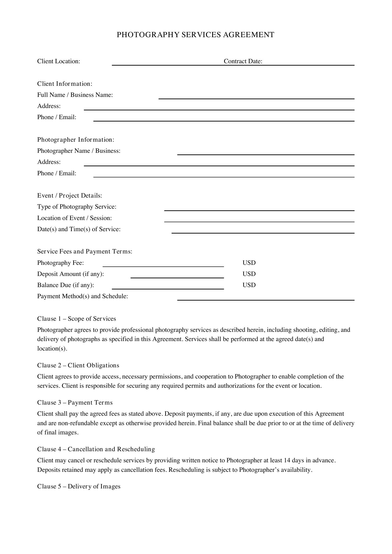 Photography Contract Template