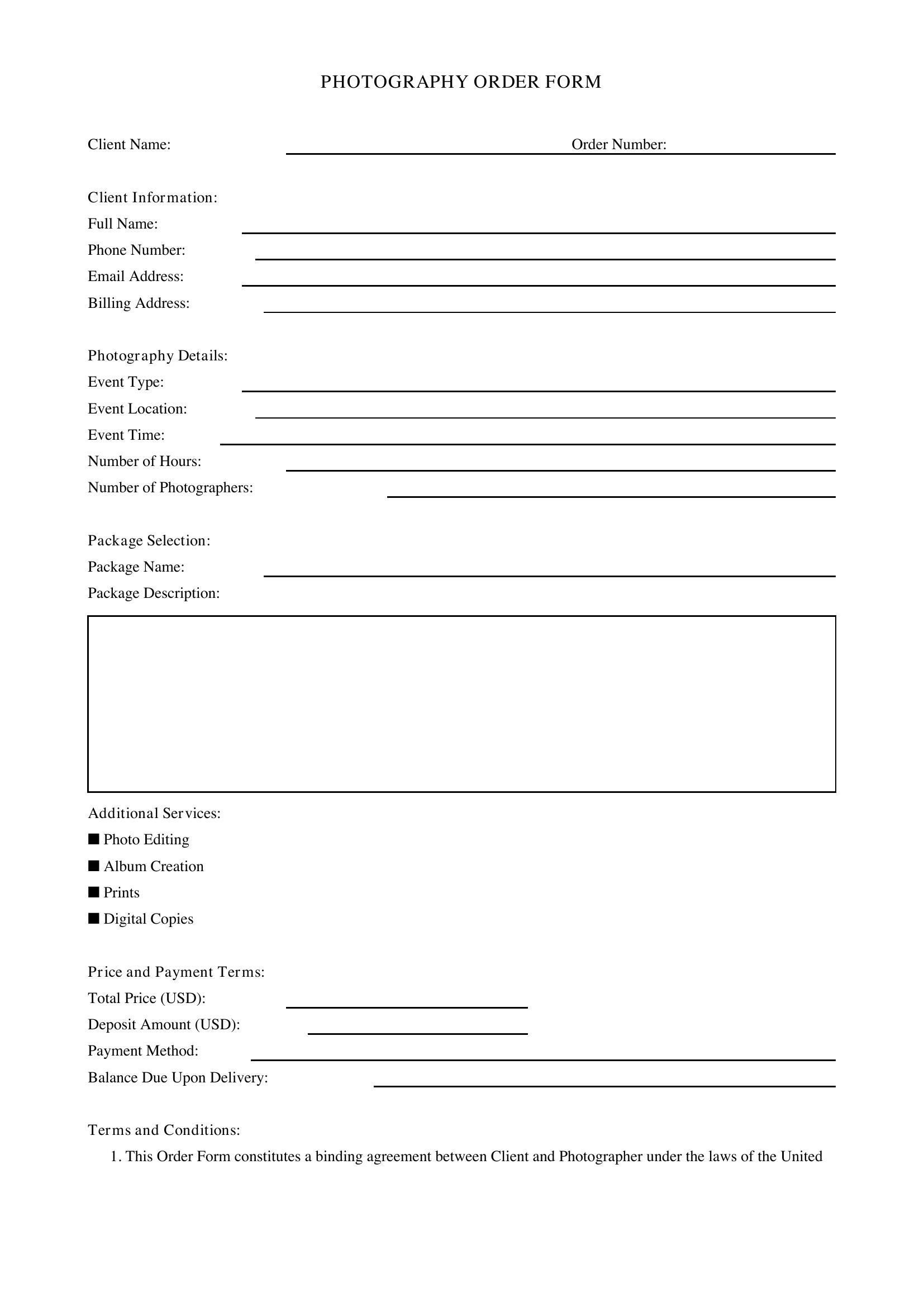 Photography Order Form Template