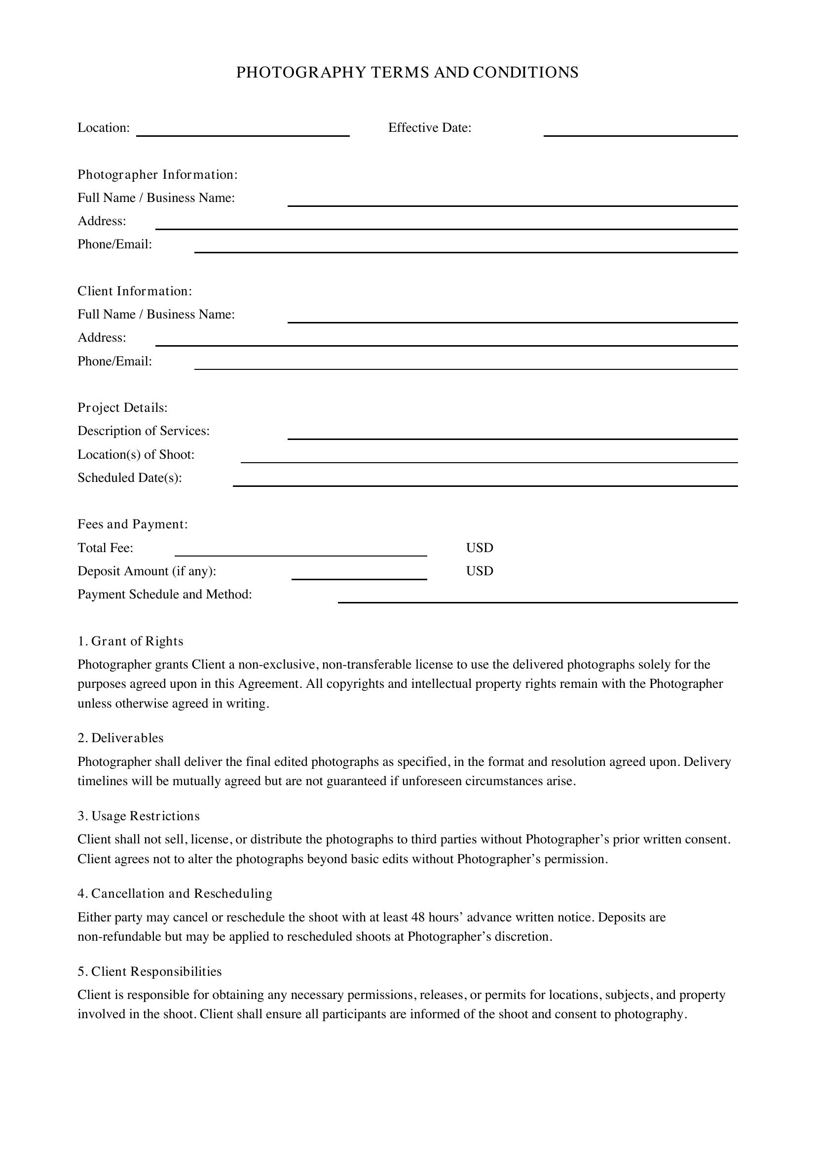 Photography Terms And Conditions Template