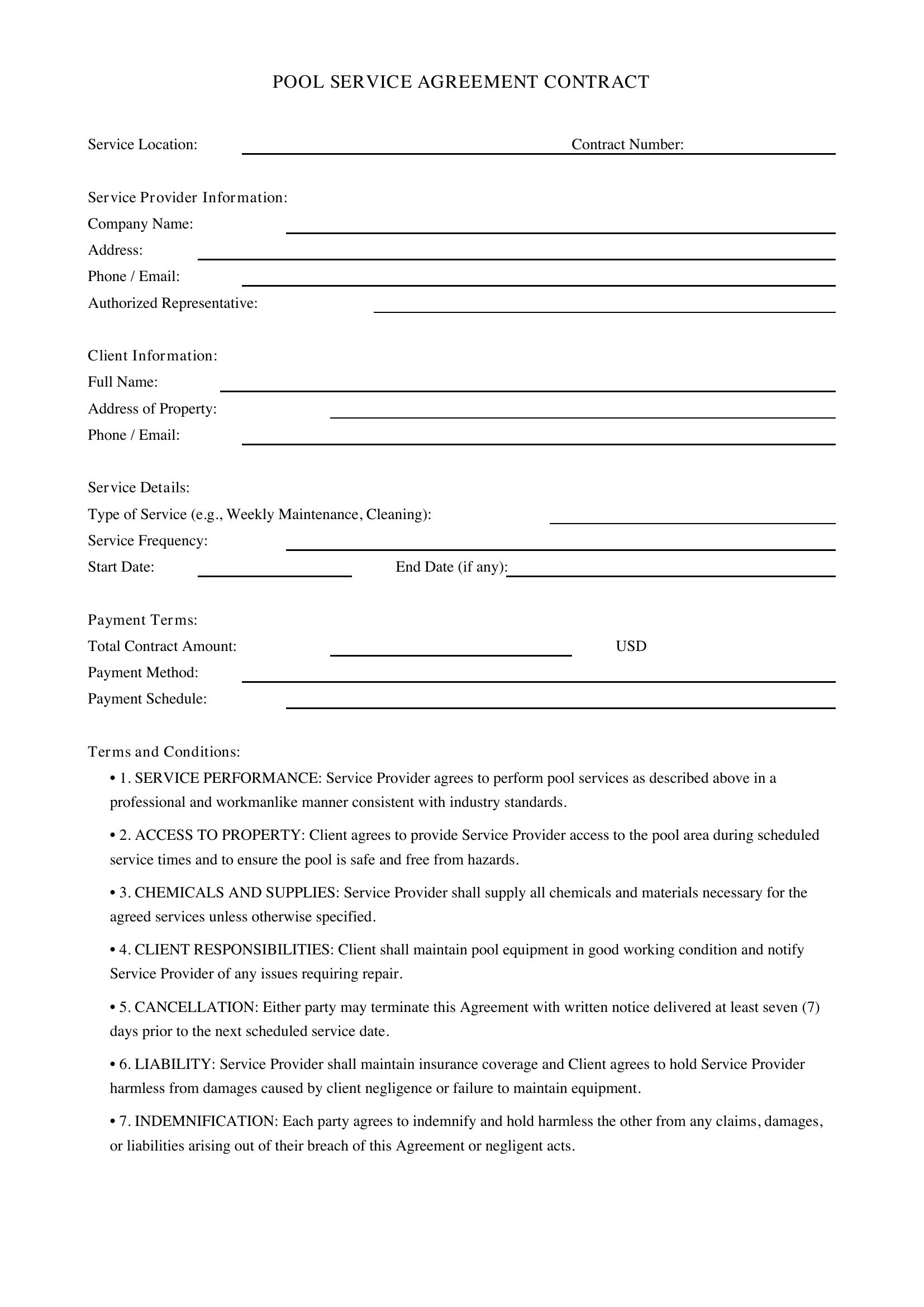 Pool Service Contract Template