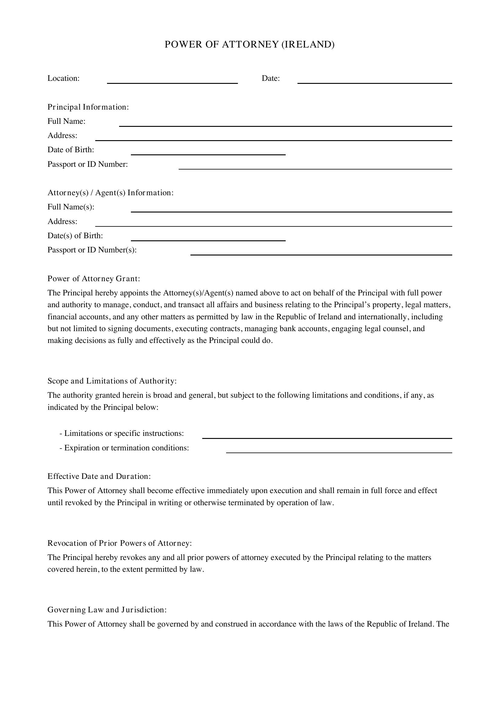 Power Of Attorney Ireland Template